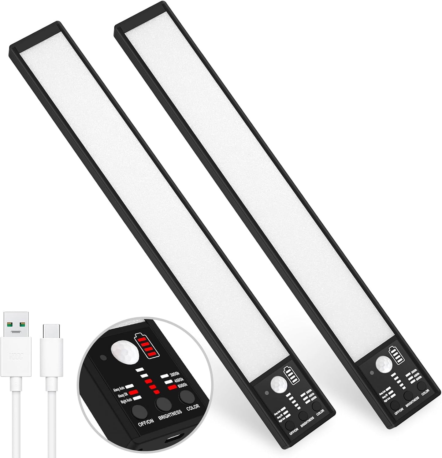 YELKO Motion Sensor Cabinet Lights, 3200mAh Battery Operated Closet Light, Portable Rechargeable Motion Lights, 3 Colors, 5 Brightness Adjustable Motion Lamp for Kitchen Wardrobe Cupboard(Two Pack)