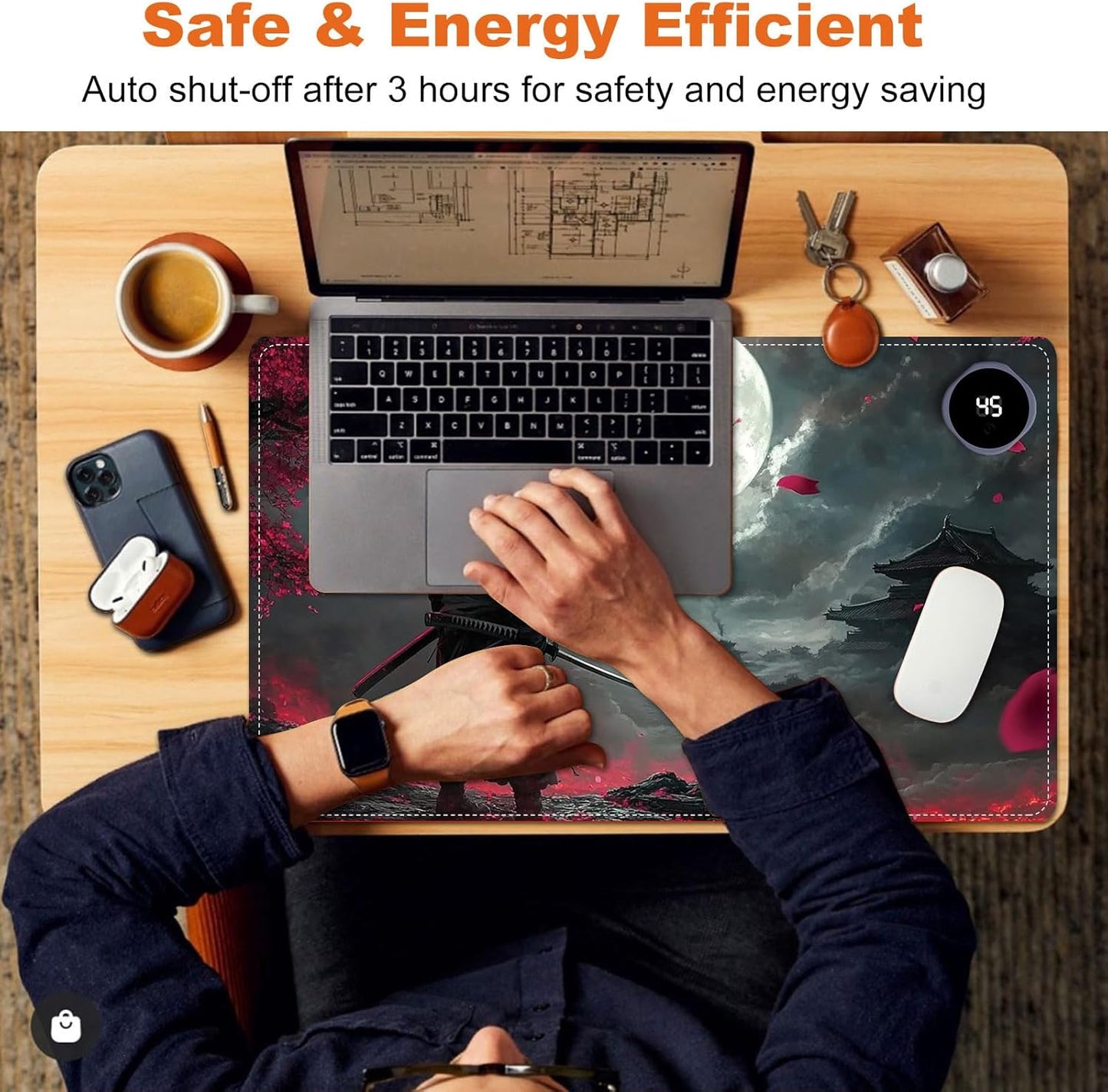 Small Heated Desk Pad 23.6" x 14.2" – Compact Electric Mouse Pad with 3 Heating Levels, Auto Shut-Off, Waterproof PU Surface, Plug-in Warmer for Office or Home Use, Samurai