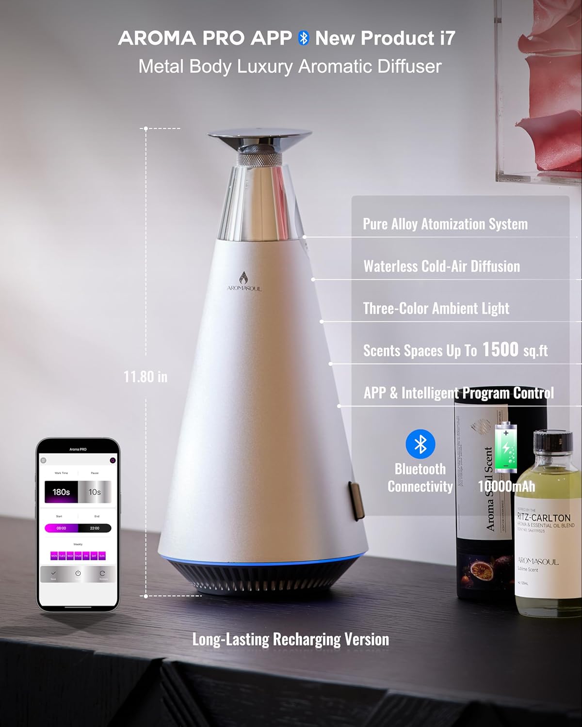 Waterless Scent Diffuser Starter Kit - 1500 Sq Ft Coverage, Alloy Atomization System,Mood Light,Smart Rechargeable Hotel Scent Diffuser, Including 120ml Essential Oil, for Home,Large Room,Spa,Silver