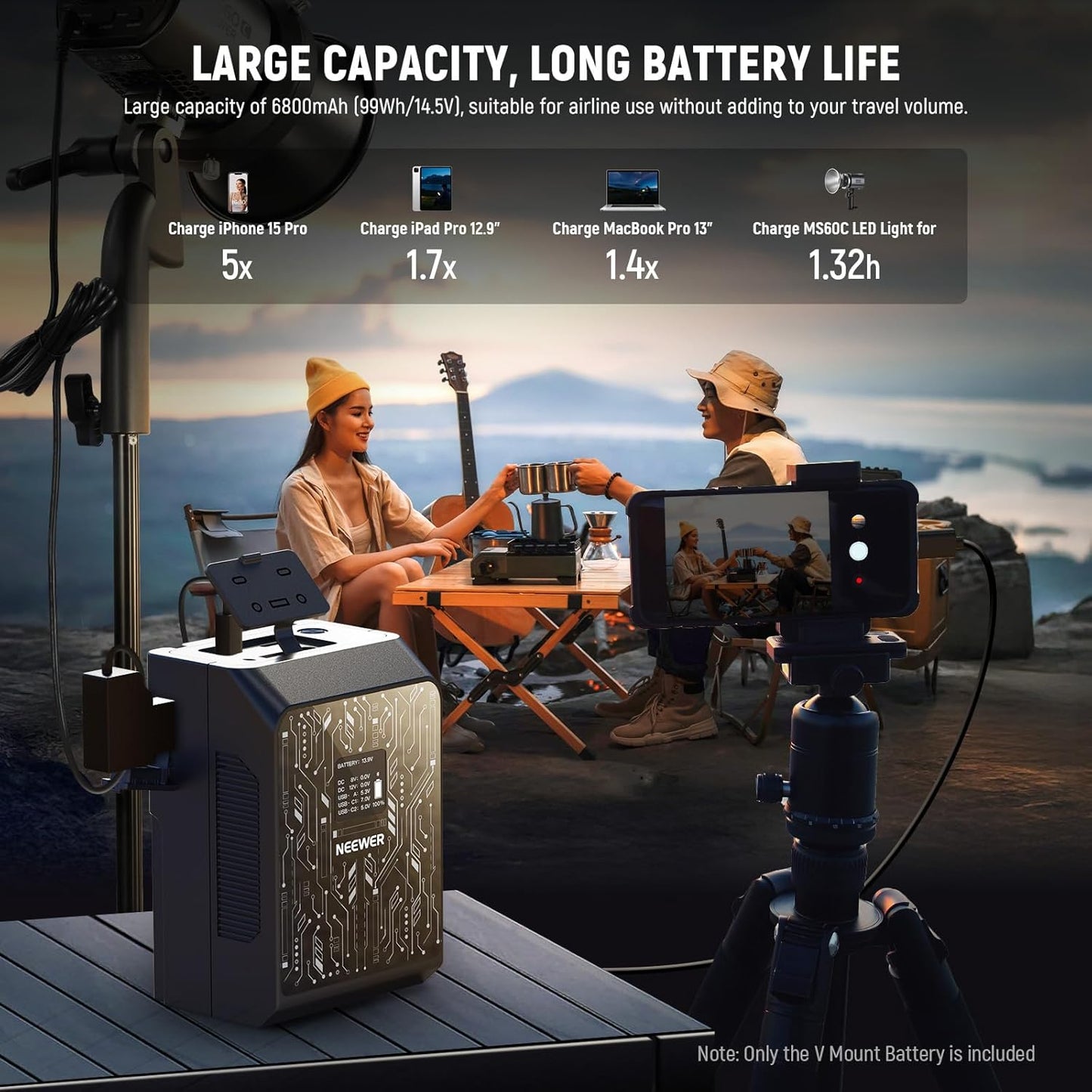 NEEWER Smart Mini V Mount Battery NEEWER APP Control, 6800mAh 99Wh 14.5V with 100W PD Fast Charging, OLED, Dual USB C/D Tap/BP/USB A/Dual DC Ports, Compatible with BMPCC 4k 6k Camcorder Camera, PS099S