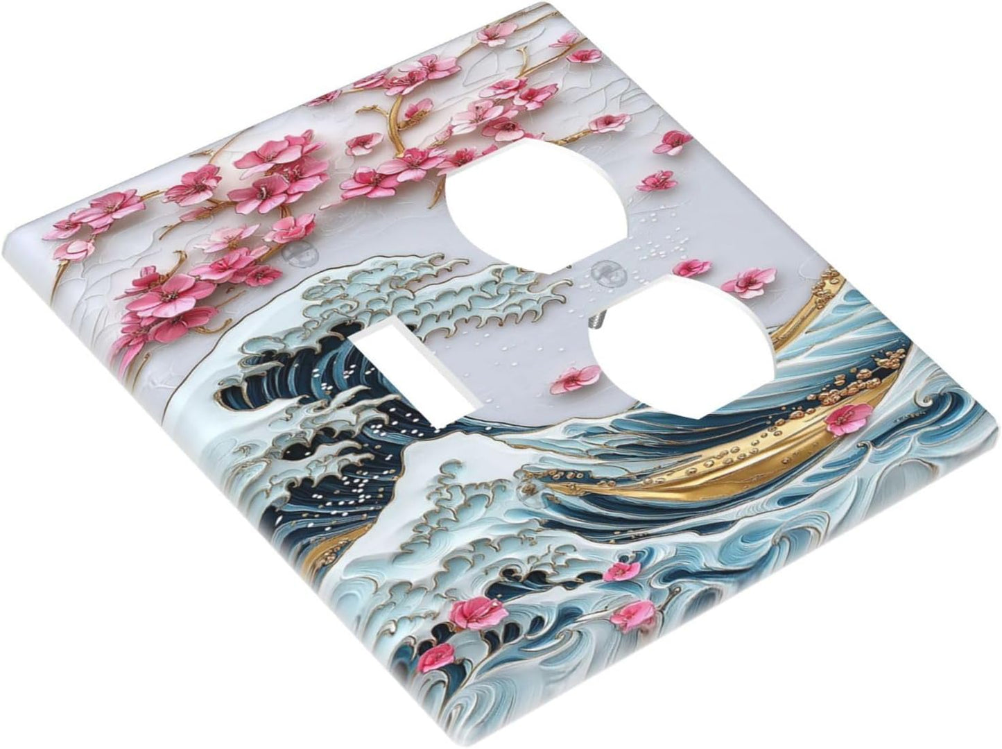 Wallplates The Great Wave Off Kanagawa With Sakura 1 Toggle 1 Duplex Switch Plate Electrical GFCI Faceplate Decorative Light Switch Covers for Bedroom Bathroom Decor
