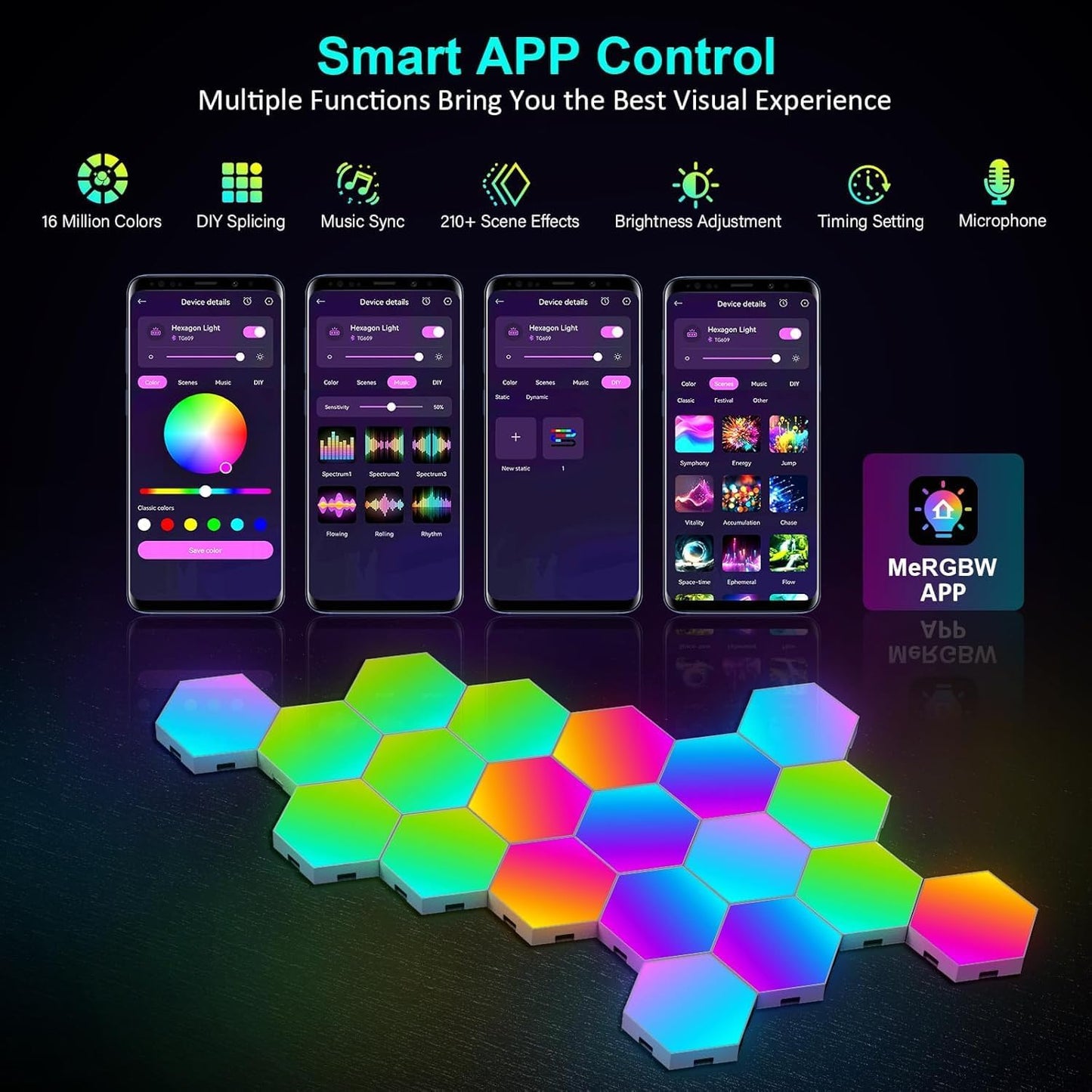 Hexagon LED Lights 20 Pack - RGB Wall Panels with Music Sync, Smart App & Remote Control, DIY Modular Hex Light for Gaming Room, Bedroom, Living Room, Wall Decor