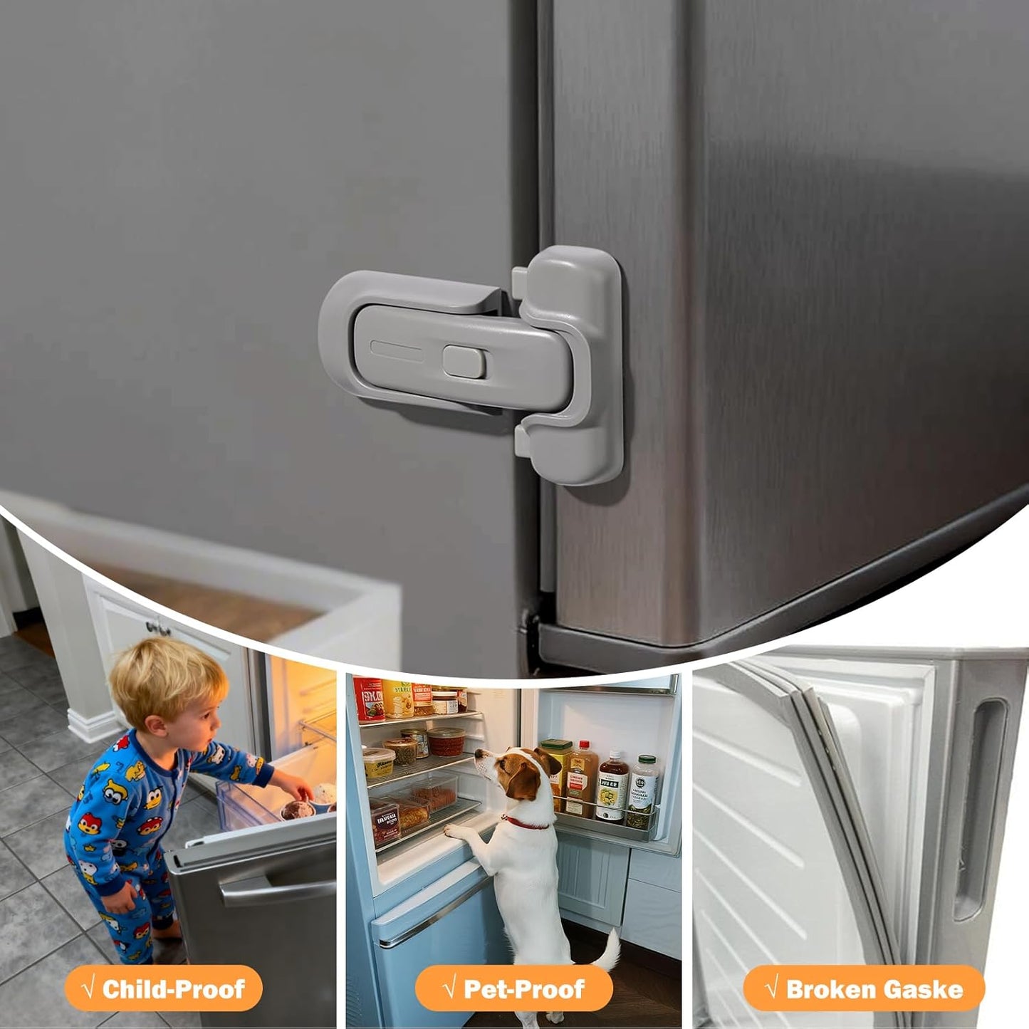 CLYMENE Child Proof Fridge Lock, Auto-Locking Refrigerator Door Latch with One-Hand Operation | No Keys or Straps | Keeps Freezer Secure from Kids & Pets – Grey