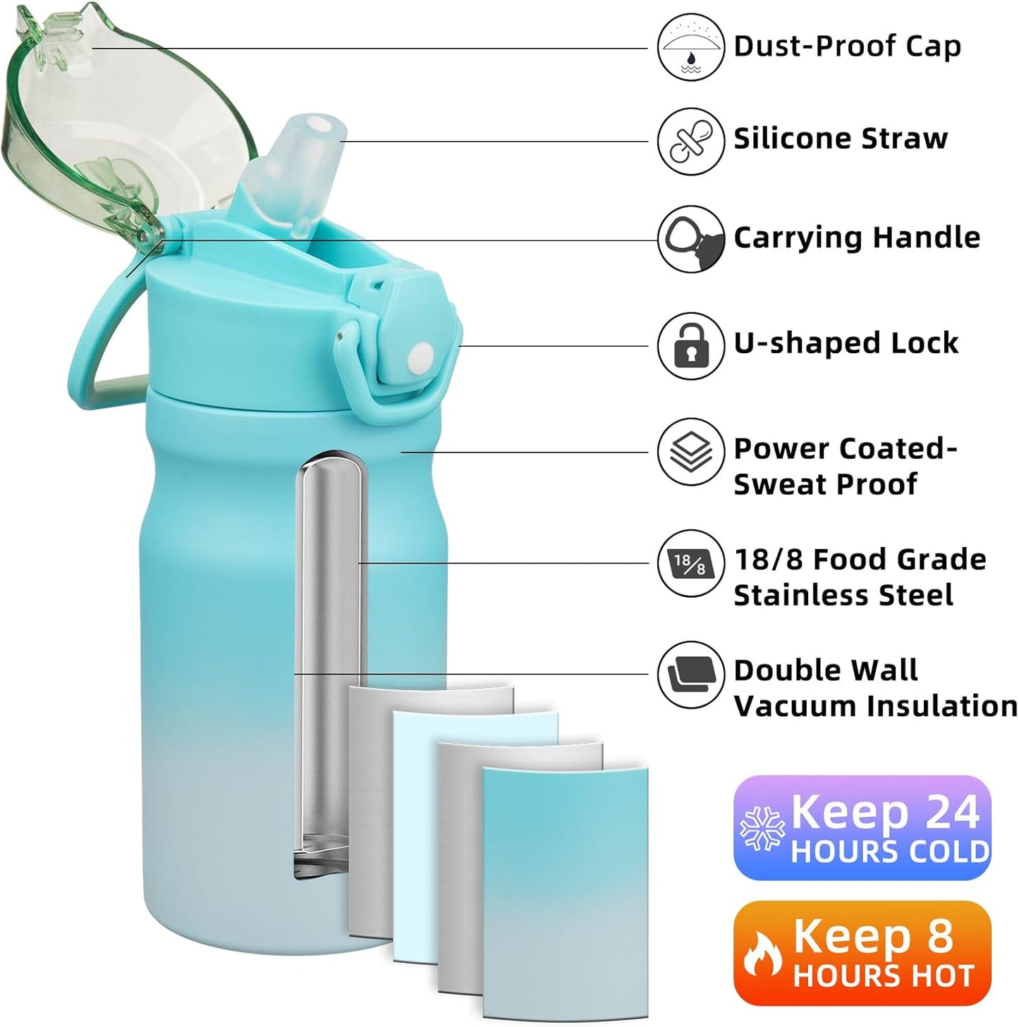 BJPKPK 14oz Insulated Water Bottle with Straw Stainless Steel Double Wall Water Bottles BPA Free Leak Proof Thermal Flask with Lockable Flip Lid and Soft Silicone Spout,Sea Salt
