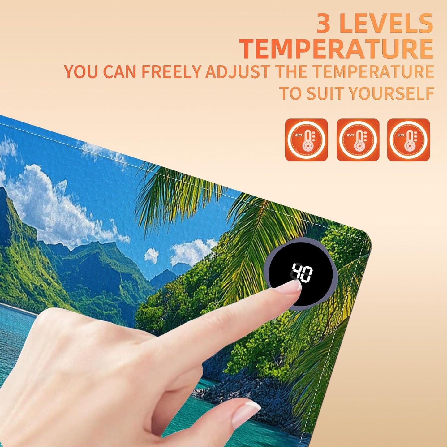 Heated Mouse Pad 31.5x13 in 3-Temp Fast Heating Desk Mat with Auto Timer Warmer for Hands Wrist Pain Relief Waterproof Keyboard Mat for Office, Gaming, Home, Tropical Paradise Beach