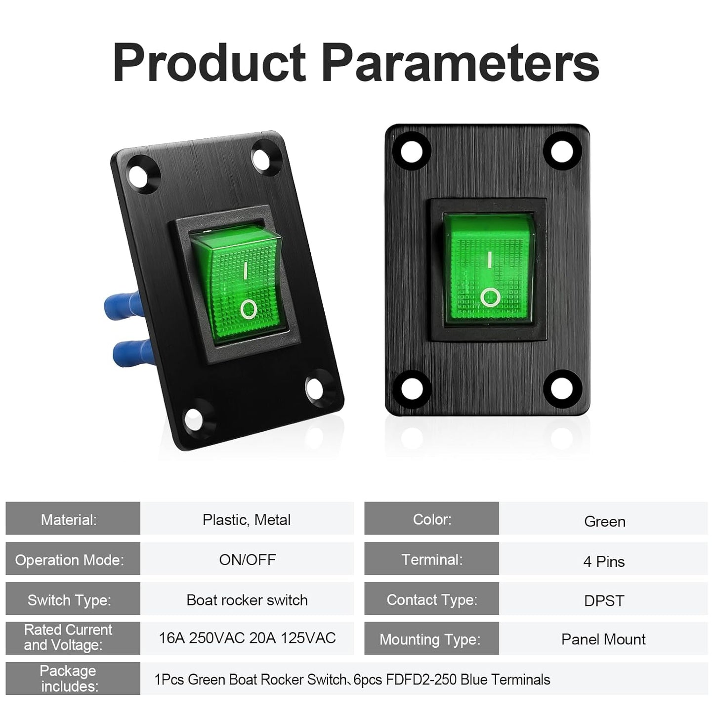 1Pcs Green LED KCD4 Boat Rocker Switch 2-Position 4-Pin DPST Panel Switch 16A 250VAC 20A 125VAC, with 6pcs FDFD2-250 Blue Terminals, CE