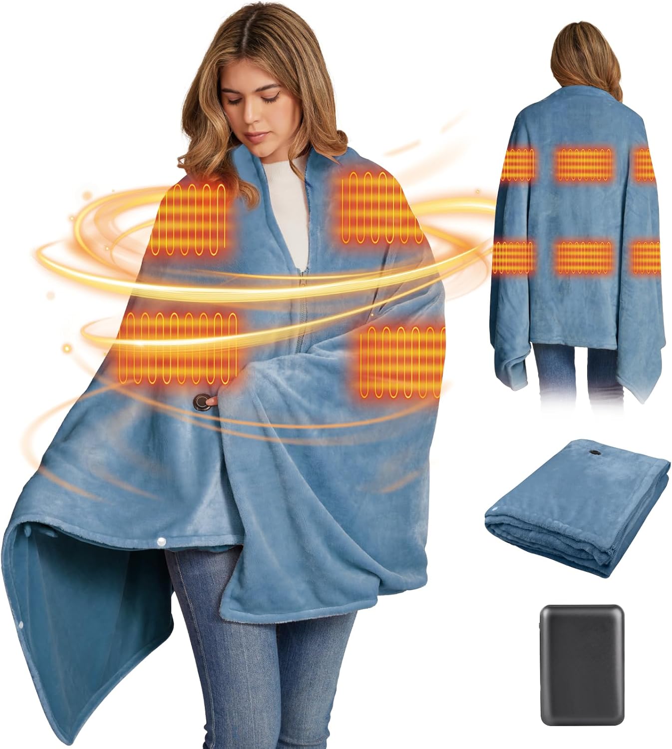 Cordless Heated Blanket Battery Operated with Fleece Lining 7.4V 16000mAh Battery Portable Wearable Heated Shawl for Women Men 6 Heating Zones 3 Fast-Heating Levels (Battery Included)