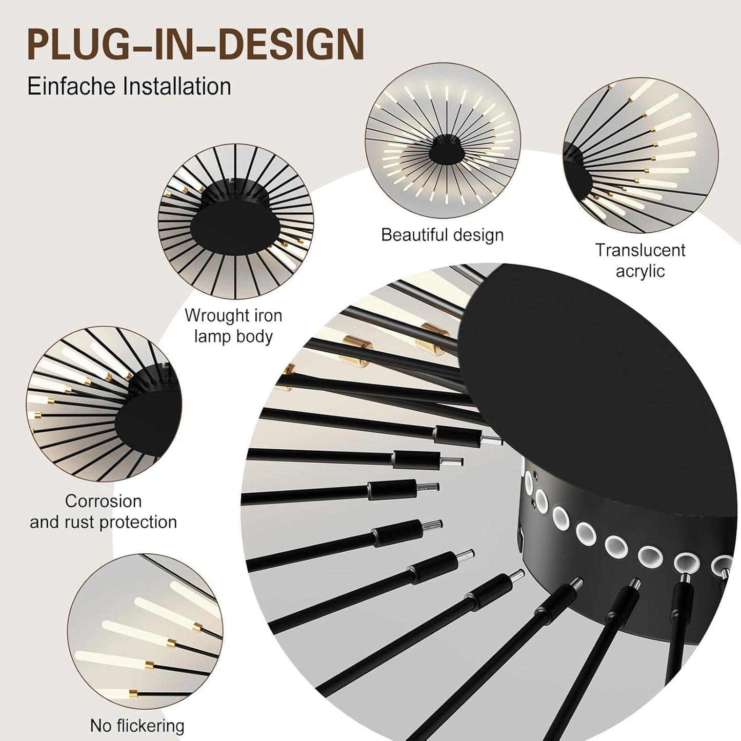 Modern Ceiling Light Flower Shape, Metal Firework Ceiling Lamp with Plug-in LED Source, Lighting Fixture for Living Room Dining Room Bedroom, Natural Light