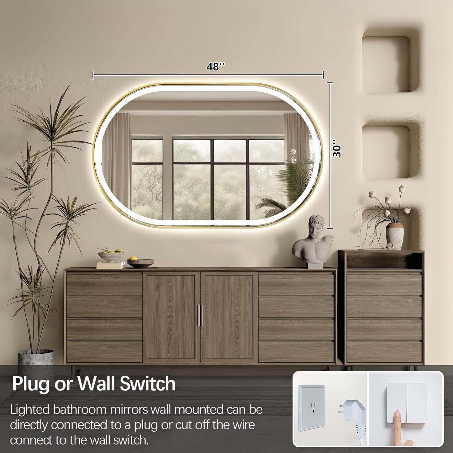 Niccy Oval LED Mirror for Bathroom, 48x30 Front Lit + Backlit Vanity Mirrors with Light Anti-Fog, Shatter-Proof, 3 Colors, Makeup Mirror with Old Gold Frame (Horizontal/Vertical)