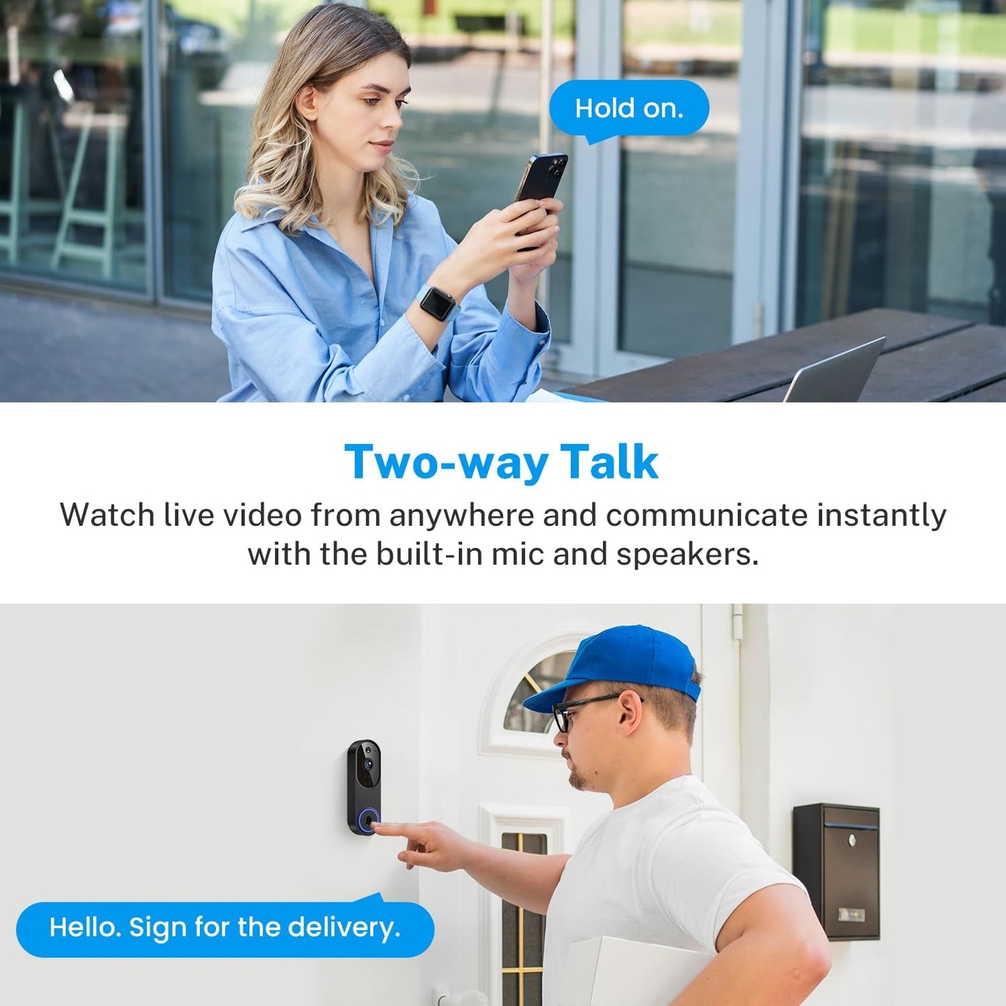 1080p Wireless Video Doorbell Camera, Battery Powered, AI Human and Motion Detection, 2 Way Talk, Night Vision, Cloud Storage (Sold Separately), 2.4G WiFi Only, Indoor/Outdoor Surveillance