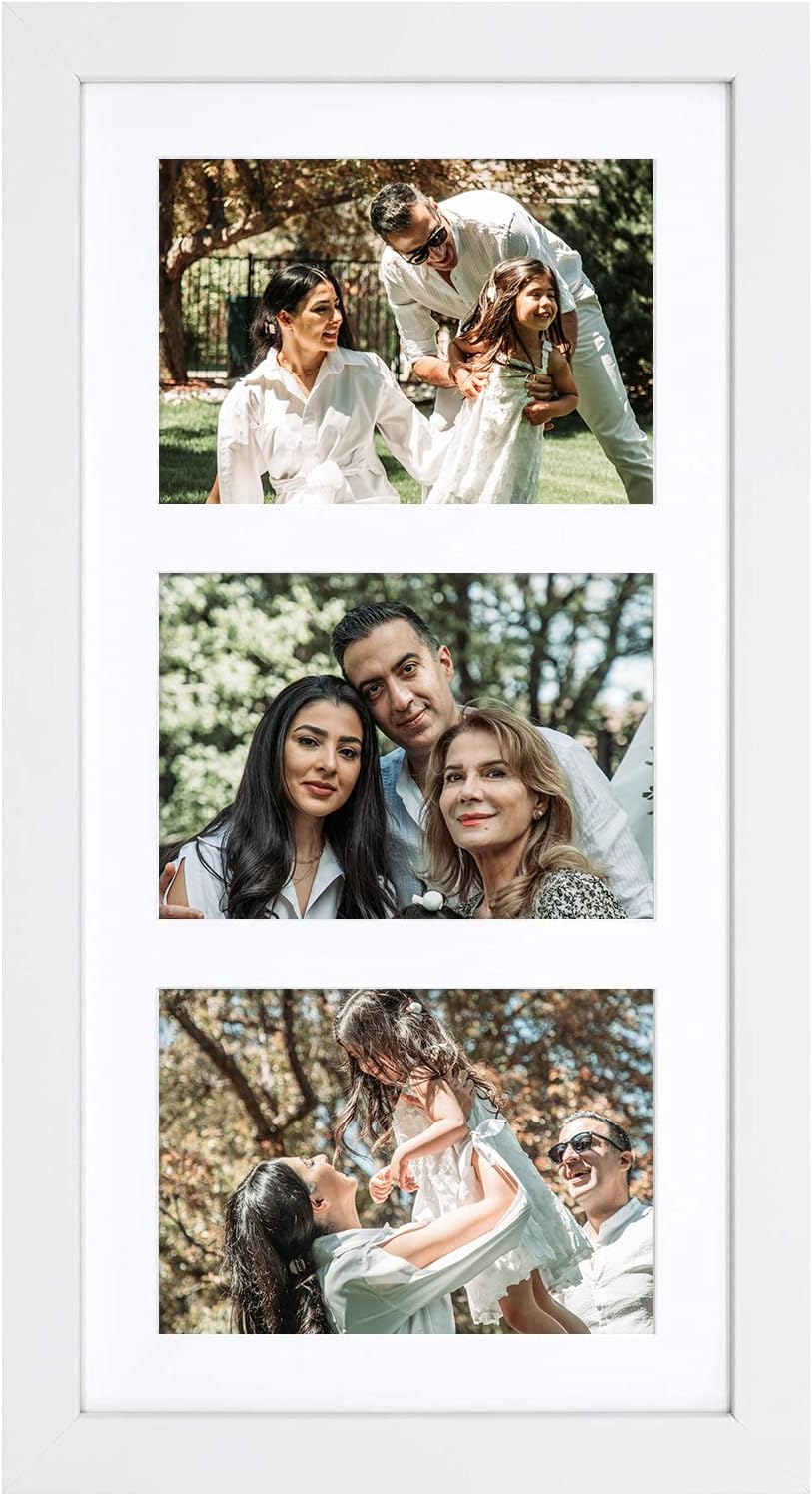 Golden State Art, 9x18 White Wood Frame - White Mat for Three 5x7 Pictures - Sawtooth Hangers- Swivel Tabs - Wall Mounting - Landscape/Portrait - Real Glass - Collage Frame, 1 Pack