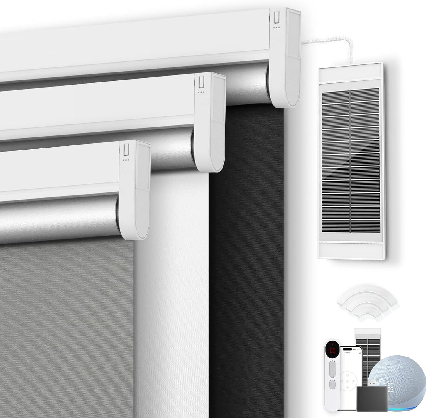 Motorized Roller Blinds with Remote Control & Solar Panel - 100% Blackout Smart Blinds, Automatic, Cordless, Electric Shades - Compatible with Alexa - Grey, 24" W x 72" H