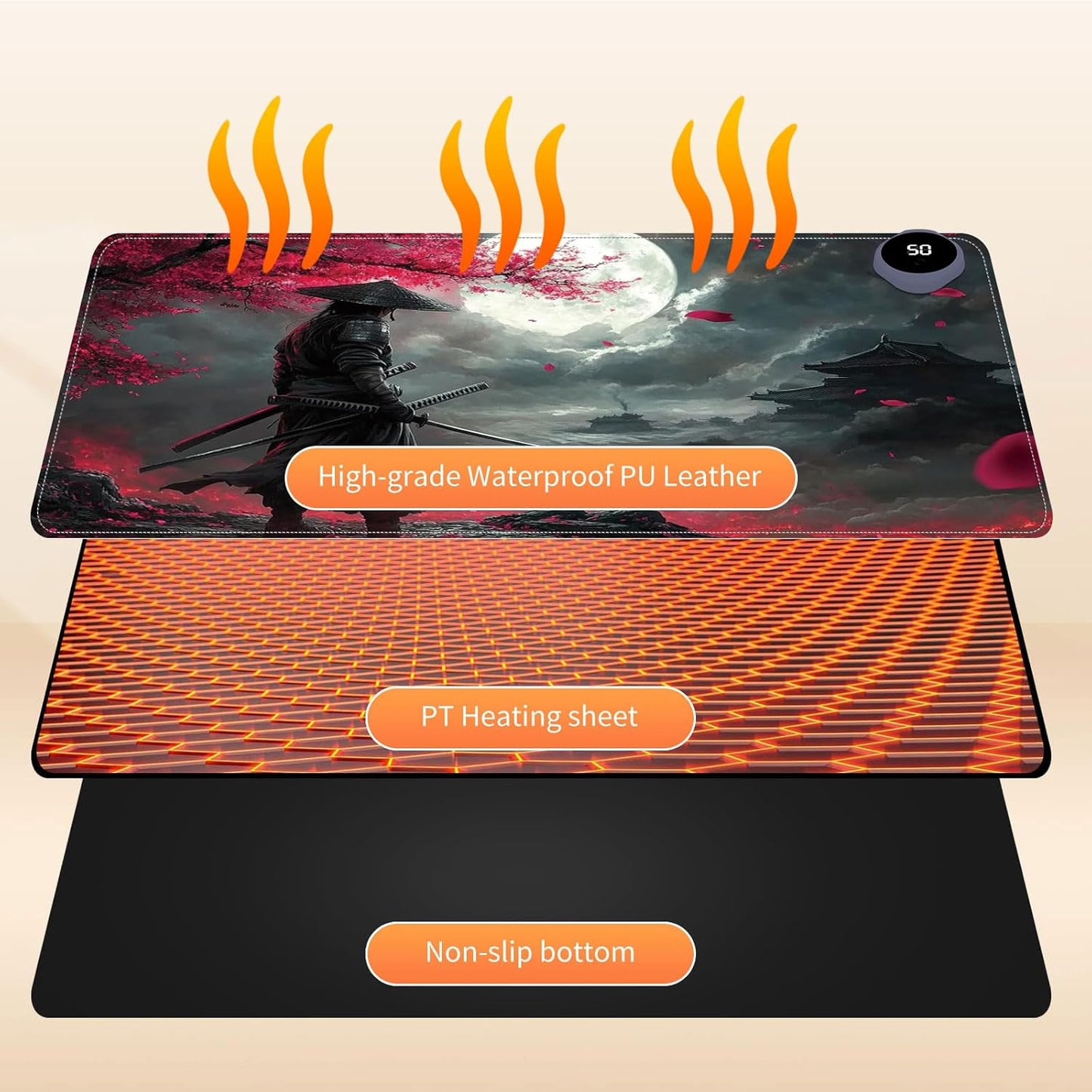 Heated Mouse Pad for Desk 31.5" x 13" – PU Leather Warm Desk Pad with 3 Heat Levels (104°F/113°F/122°F), Plug-in Electric Heating Mat with Auto Shut-Off, Waterproof & Rollable, Samurai