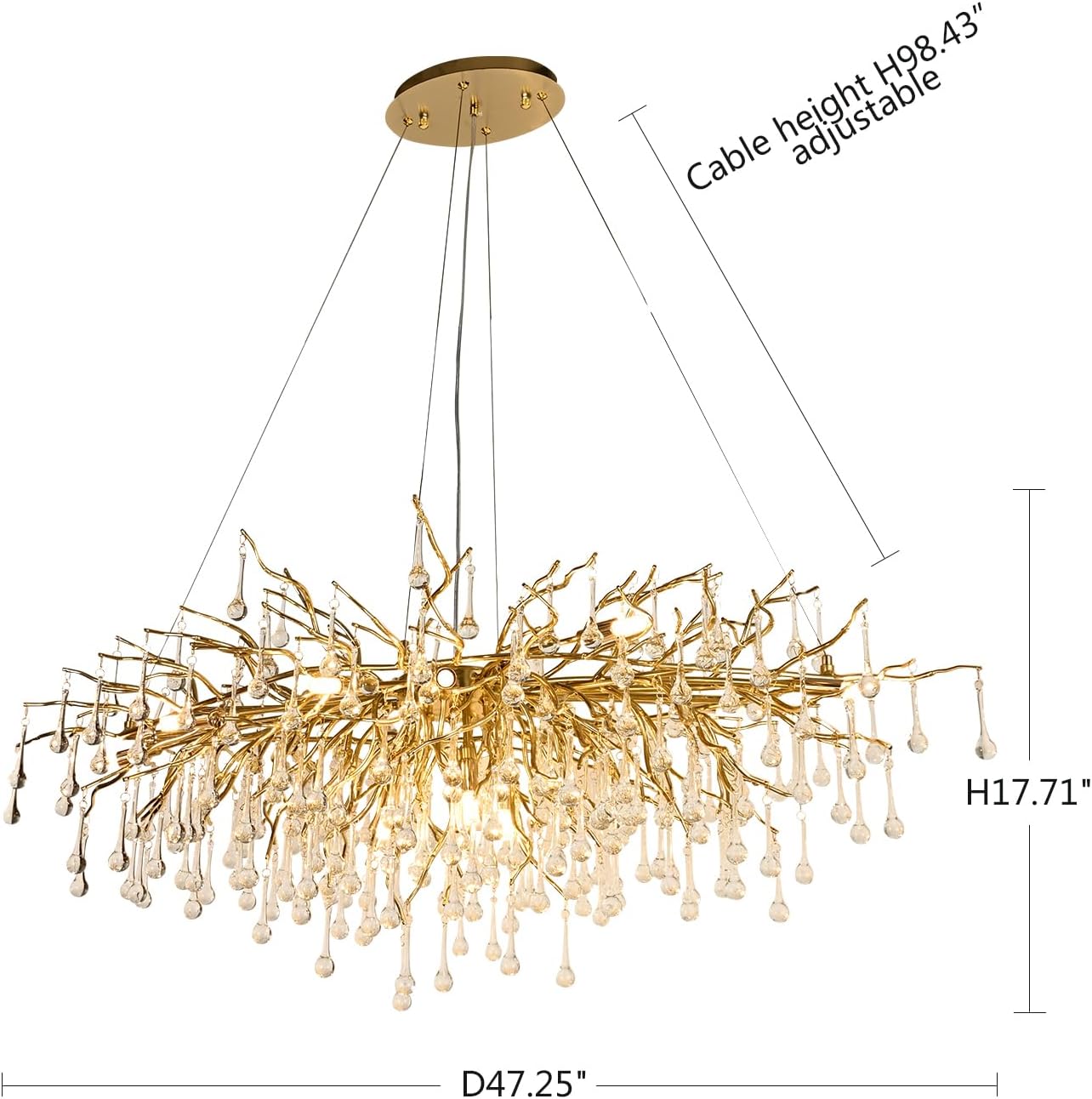 Modern Crystal Rectangular Chandelier for Dining Room, 47.24inch Gold Branch Lighting Raindrop Large Kitchen Island Hanging Light Fixture for High Ceiling Living Room Bedroom Foyer