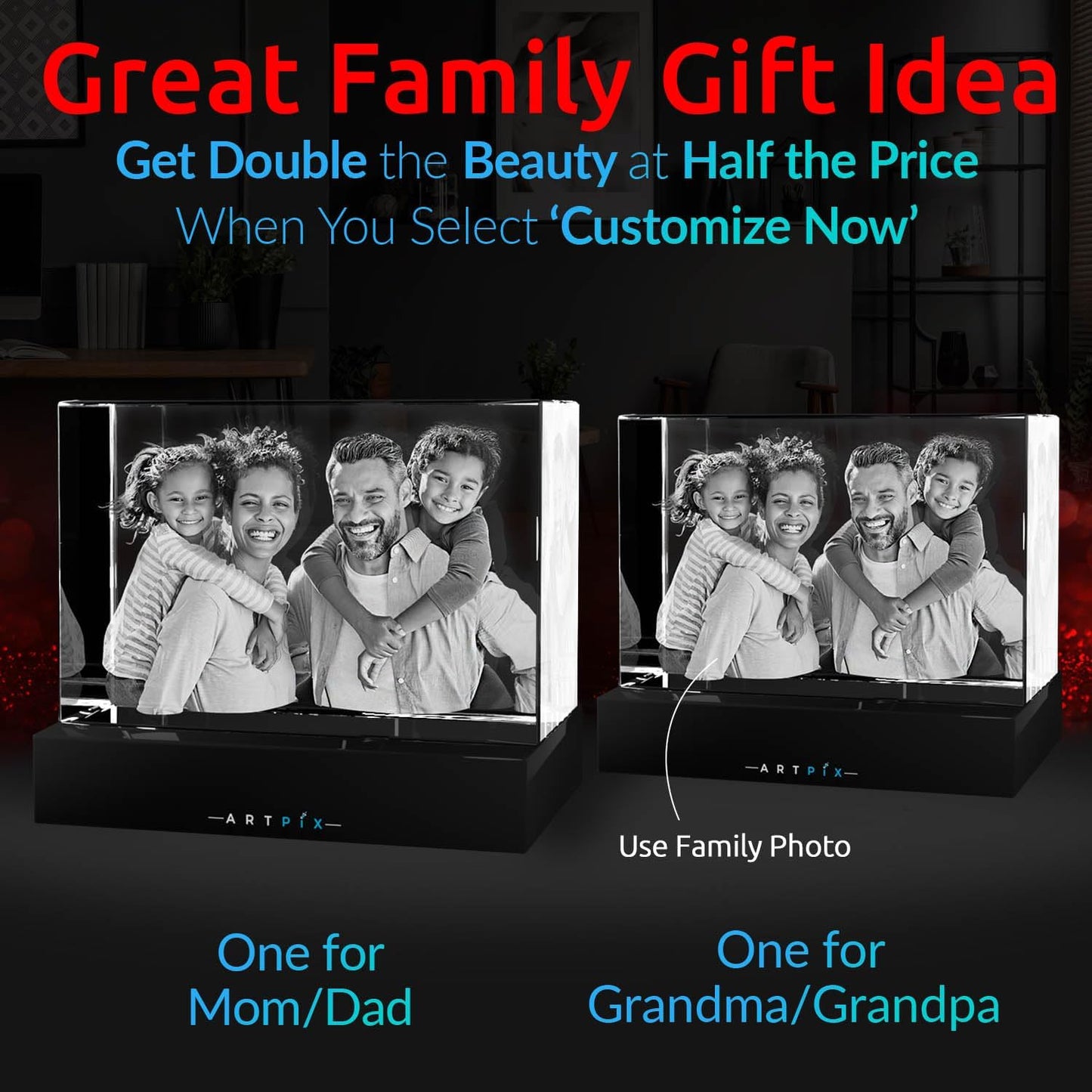 ArtPix 3D Premium Crystal Photo, Christmas Personalized Gifts for Women, Wife, Her, Him, Men, Husband, Grandma, Great Xmas Customized Gift With Your Own Photo, Custom Glass 3D Laser Etched Picture