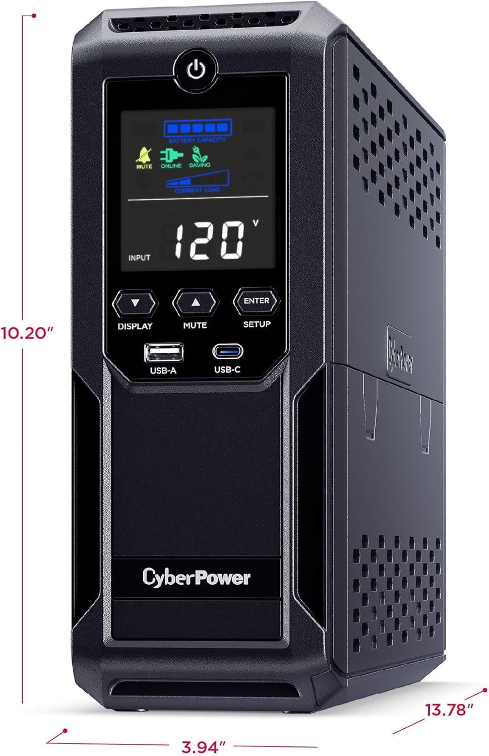 CyberPower CP1350AVRLCD3 Intelligent LCD UPS System, 1350VA/815W, 12 Outlets, 2 USB Ports, AVR, Mini Tower, Black