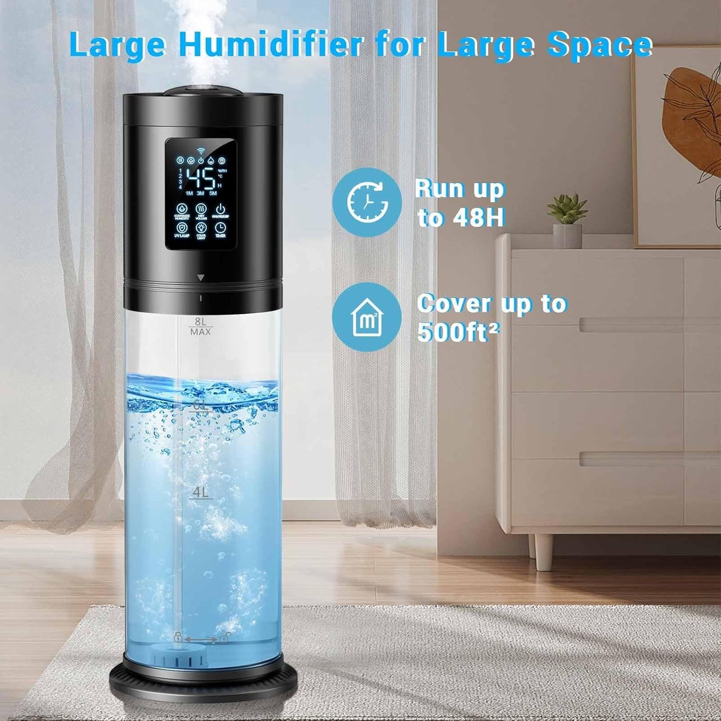 8L/2.1 Gal Humidifiers for Bedroom Large Room, 4 Levels Cool Mist Humidifier with Clear Tank, 7 Color Lights Essential Oil Diffuser with 16H Timer, Top Fill Air Humidifier for Home Plants Office