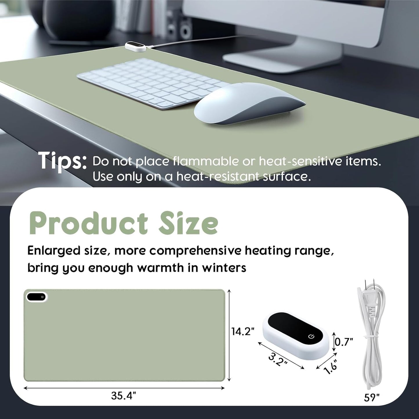 Konohan Heated Large Desk Mat PU Leather Warm Mouse Pad with 5 Heating Level & 4 Hour Auto Shut-Off Heating Keyboard Pad Warmer Gaming Mice Mat Only Supports 110v(Gray-Green Color,35.4"x 14.2")