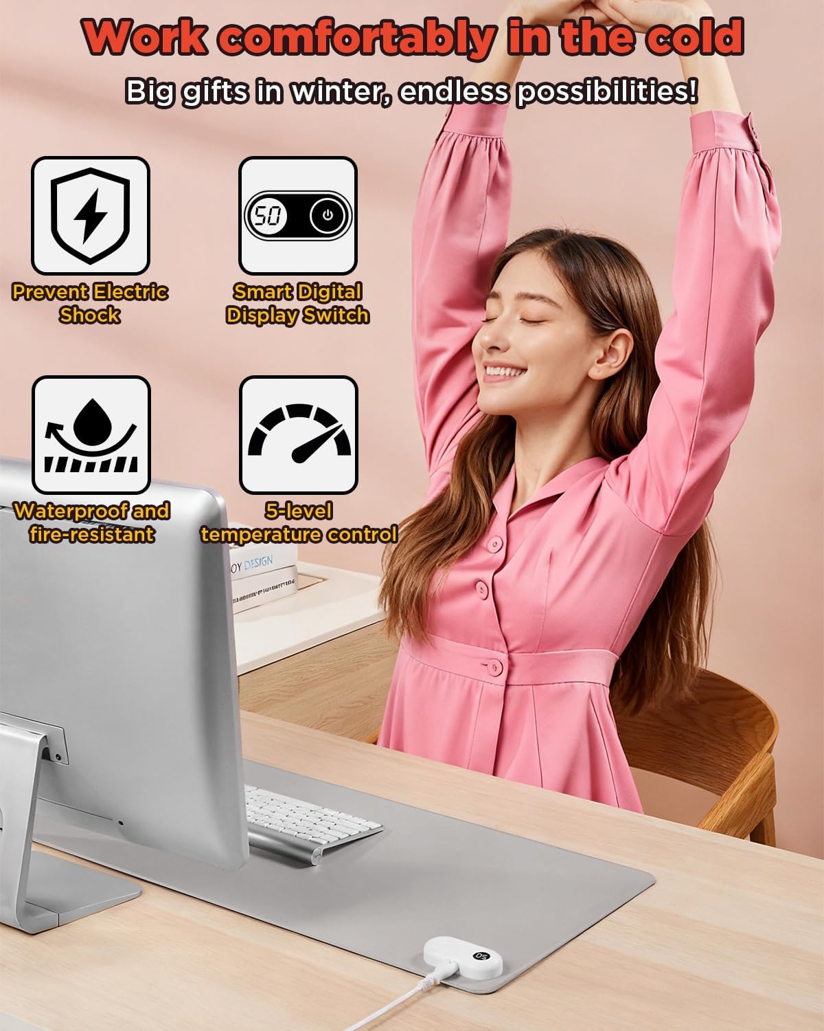 Resen Heated Desk Pad, 31.5x13 Fast Heating Mouse Pad with 5 Temperature Settings, Digital Display, Auto Shut-Off, PVC Leather Surface for Office and Home Use, Energy Efficient & Safe (Grey)