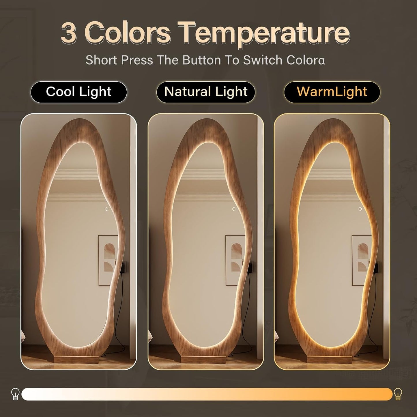 WoodsWhisper 69"x 24" Wavy Mirror Full Length,Lights Irregular led Full Length Mirror, Wavy Wall Mirrors,Shatter-Proof Hanging or Leaning Against Wall for Cloakroom/Bedroom/Living Room,Walnut