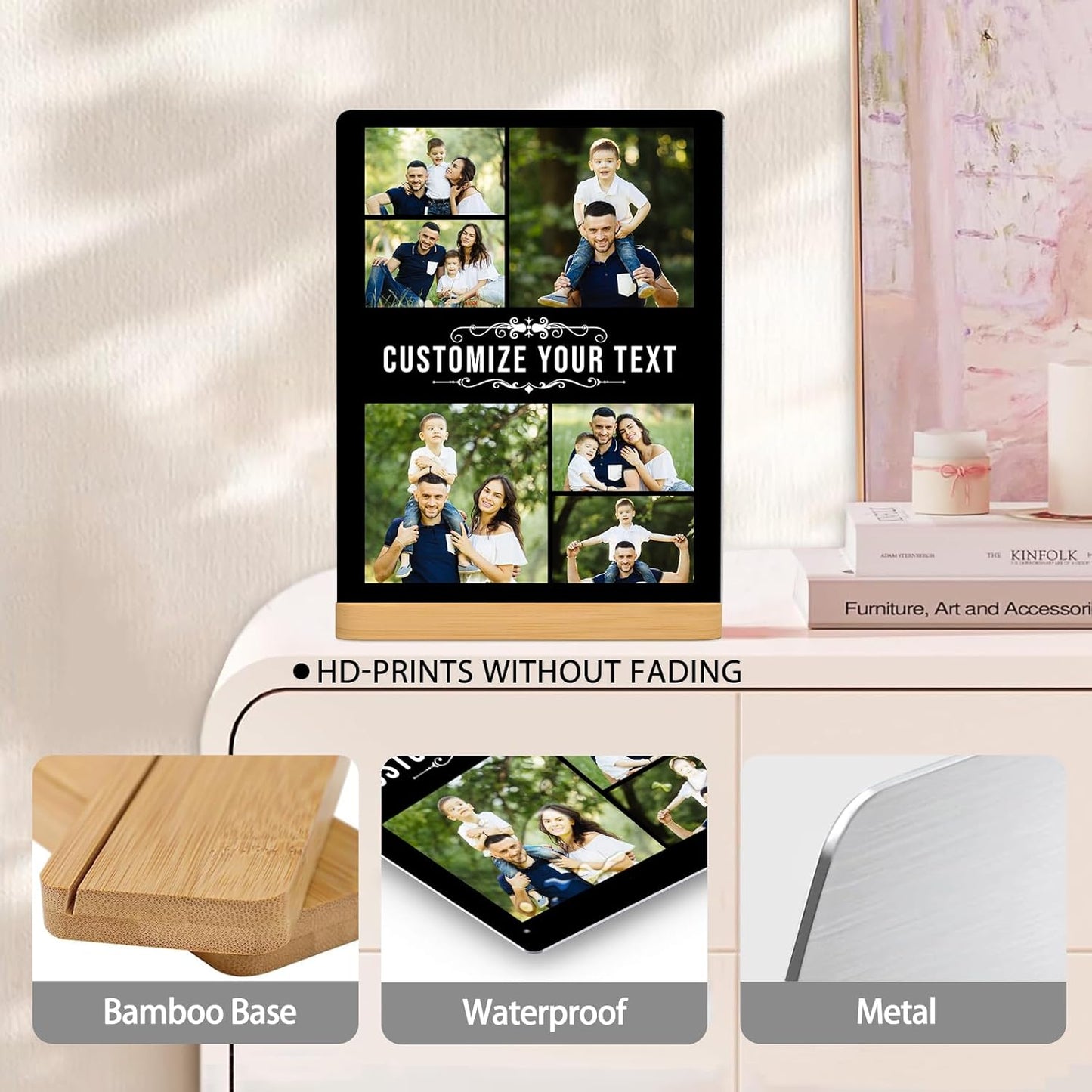 Custom Photo Prints - Metal Desktop Picture Frame with Photos & Name & Wooden Base Personalized Gifts for Family Friends Lovers and Pets, Optional Multiple Sizes