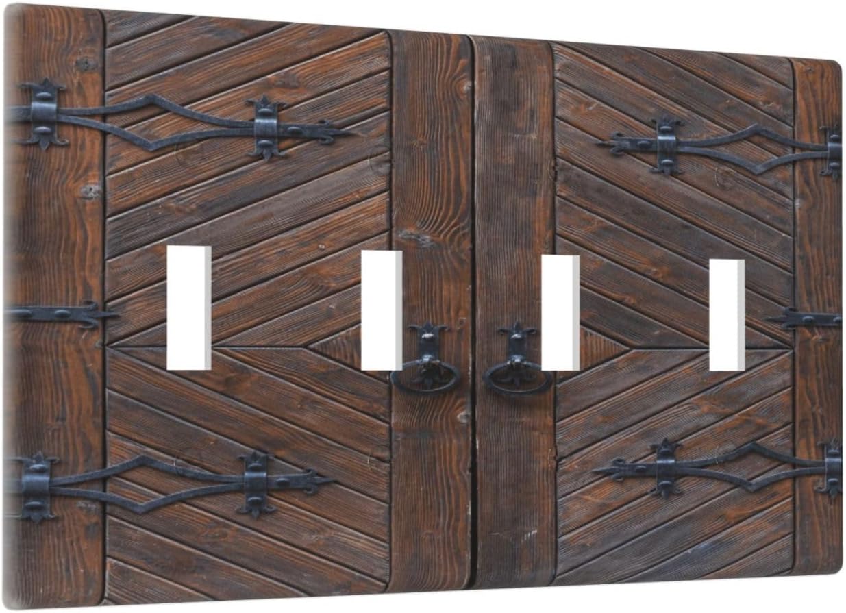 Decorative Light Switch Plate Covers Vintage Brown Wood Barn Door 4 Gang Light Switch Cover Quad Toggle Wall Plate Outlet Covers for Farmhouse Home Decor