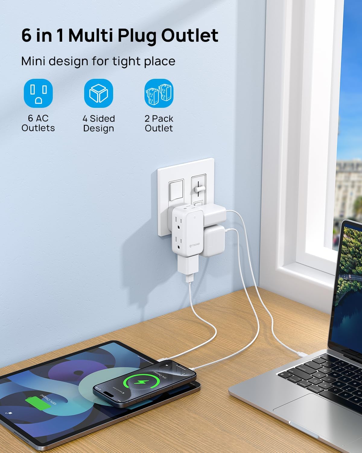 TROND Wall Outlet Extender 2 Pack - Multi Plug Splitter with Rotating Plug, 6 AC Power Adapter, Cruise Essentials, Small Outlet Extension for Travel Office Home Dorm Room