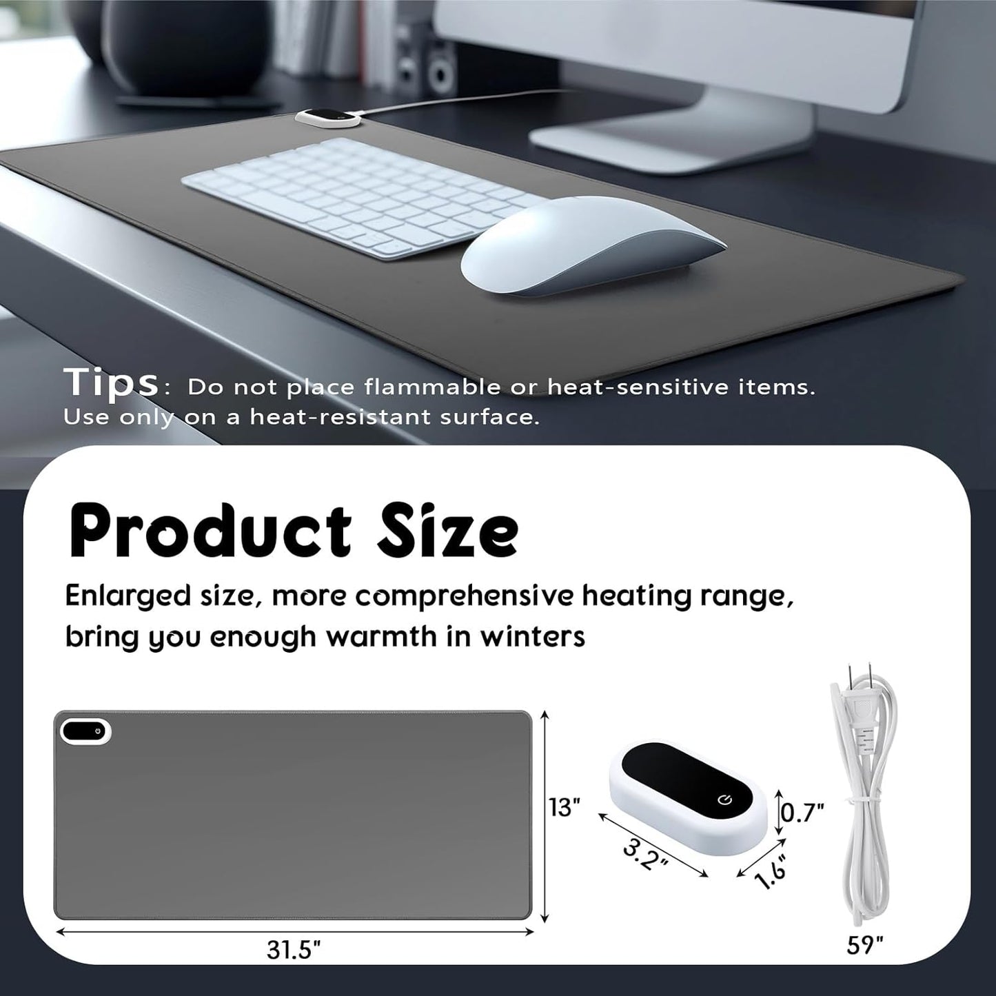 Konohan Heated Large Desk Mat PU Leather Warm Mouse Pad with 5 Heating Level & 4 Hour Auto Shut-Off Heating Keyboard Pad Warmer Gaming Mice Mat Only Supports 110v(Gray Color,31.5" X 13")