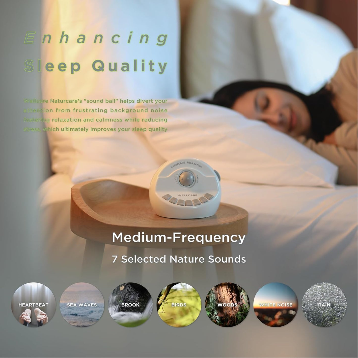 WELLCARE-Naturcare Sound Relaxation, White Noise, 7 Nature Sounds, Sleep Sound Machine, Calm Infants, for Baby, Kids, Adult. Stepless Volume, Timer, Powered by Adapter(Incl.) or Batteries(Not Incl.)