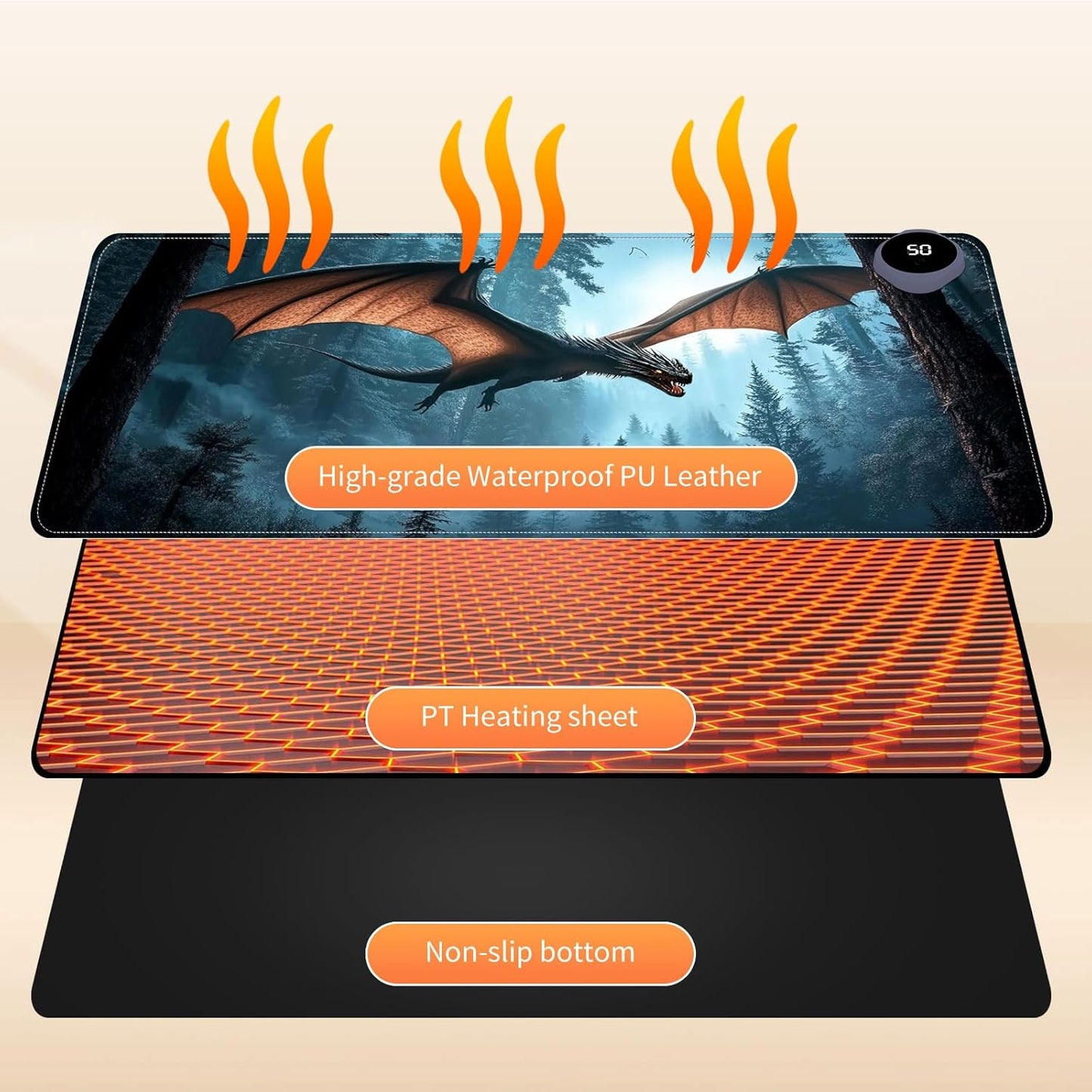 Small Heated Desk Pad 23.6" x 14.2" – Compact Electric Mouse Pad with 3 Heating Levels, Auto Shut-Off, Waterproof PU Surface, Plug-in Warmer for Office or Home Use, Flying Dragon