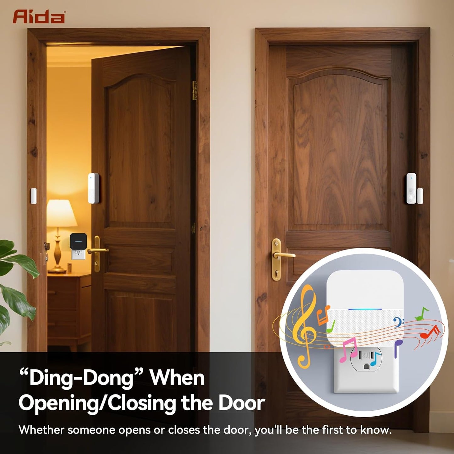 AIDA Door Alarms When Opened Wireless Ring Chime Sensor Alarm for Business/Home/Kids - 600ft Range, 58 Ringtones, 5 Volume Levels, Open Alert, Easy Install (1 Receiver + 2 Sensor)