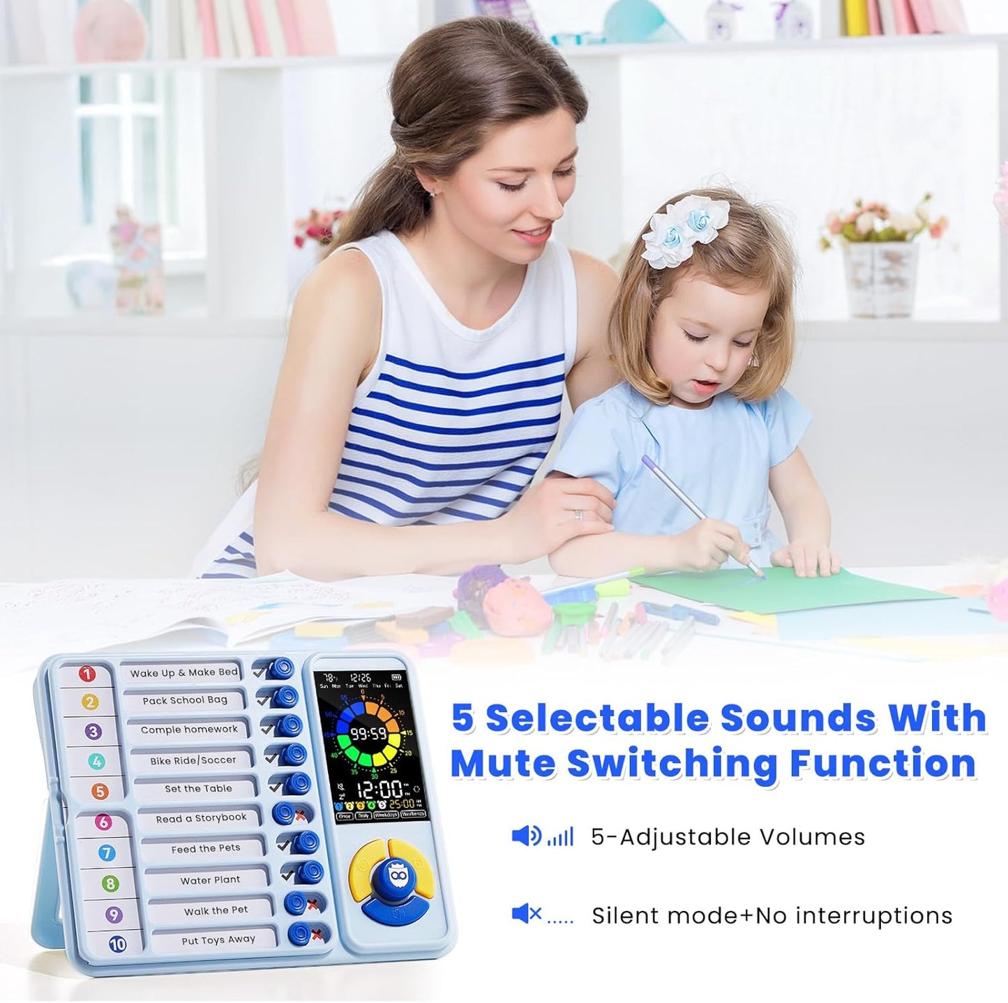 Mooking 5-in-1 Visual Timer, ADHD Tool for Kids|Adults, Visual Schedule for Kids with Autism, 12/24 Task Timer & Chore Chart Board, ADHD Tools with Daily Checklist for Home, School, Classroom - Blue