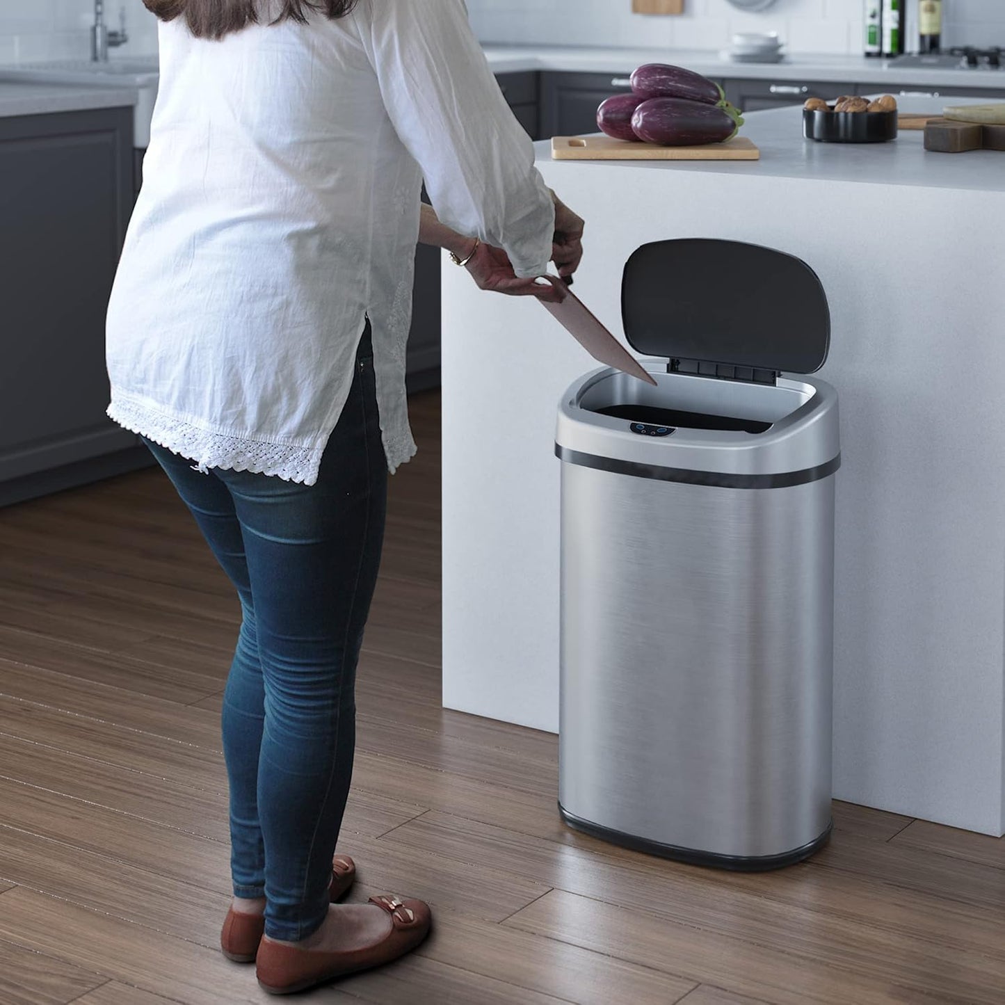 SensorCan 50 Liter / 13 Gallon Kitchen Trash Can with AC Adapter & Odor Filter Kit – Motion Sensor Stainless Steel Garbage Bin for Home, Office, Garage – Slim Oval Shape, Large Capacity Design