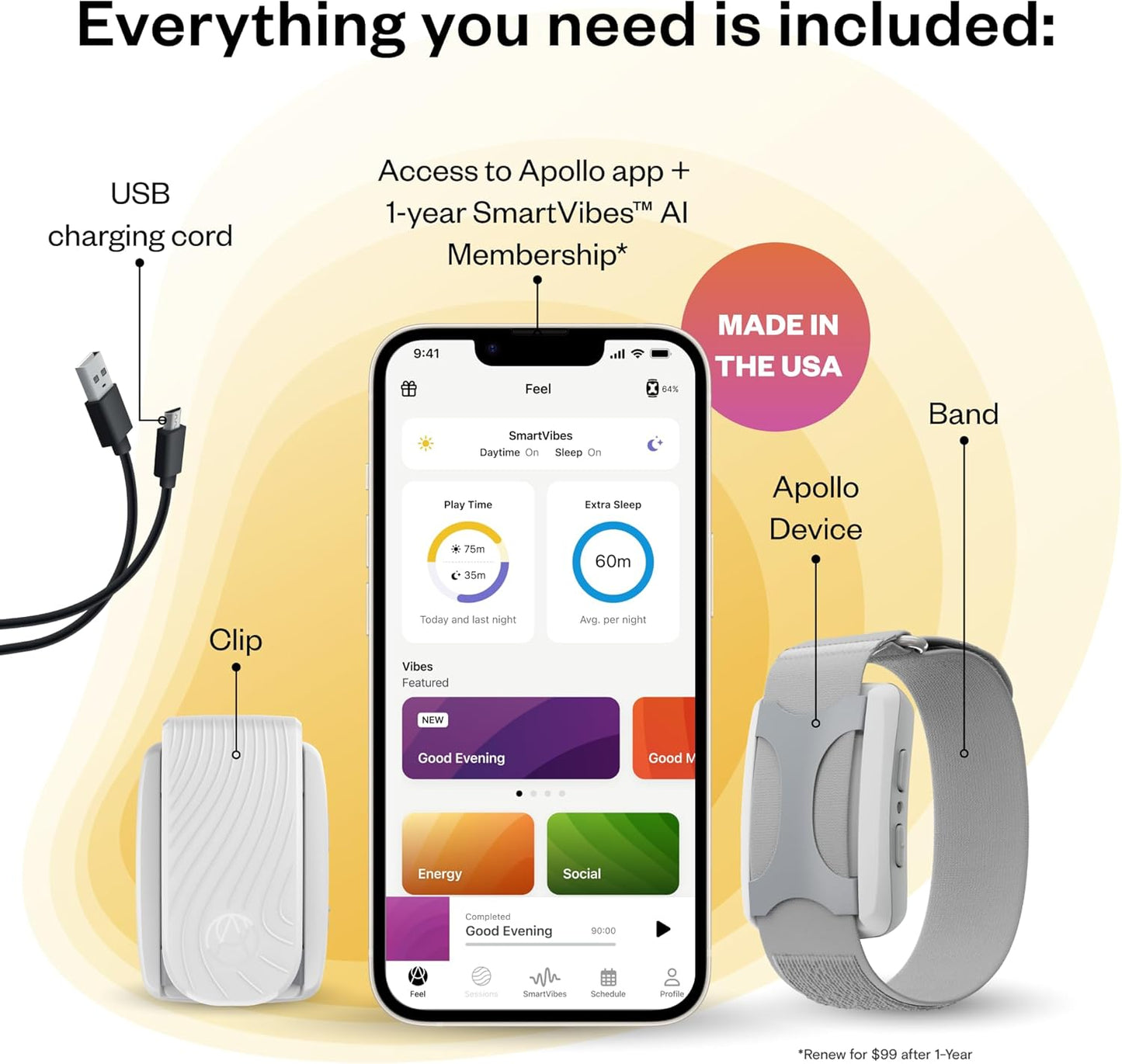 Apollo Neuro Wearable & 12-Month SmartVibes AI Membership – Sleep Aid & Stress Relief Device | Fall Asleep Faster, Sleep Longer & Deeper | Boost Focus, Relaxation & Calm (Stealth)