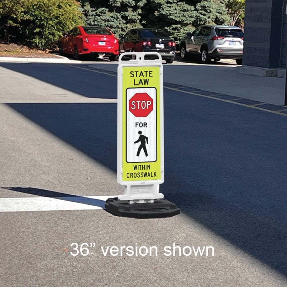 Plasticade Crosscade Crosswalk Sign, 24" Vertical Panel with 12x24 State Law Stop For Pedestrians Sign, Impact-Resistant Rubber Base, Diamond Grade Reflective Background and HIP Sheeting