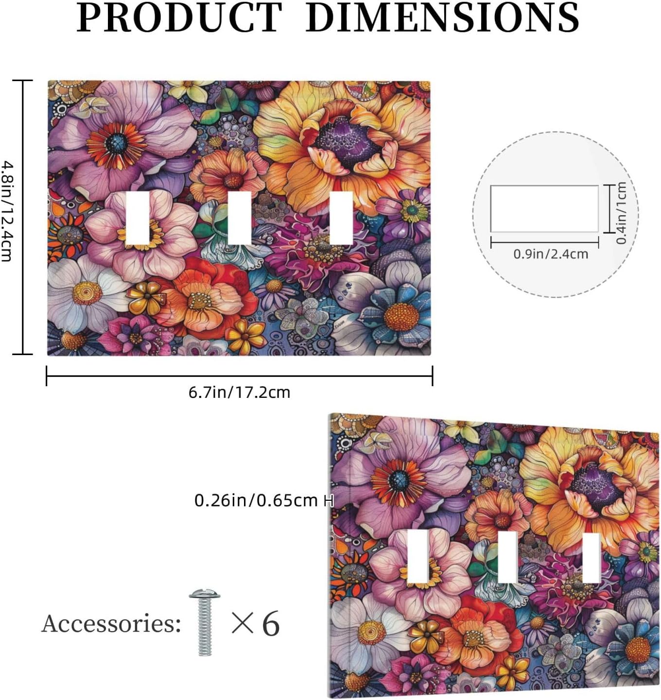 Decorative Switch Plates Colorful Bohemian Flowers Vintage Boho Floral 3 Gang Wall Plate Triple Toggle Light Switch Cover Faceplate Electrical Wall Panels for Bed Room living Room Decor