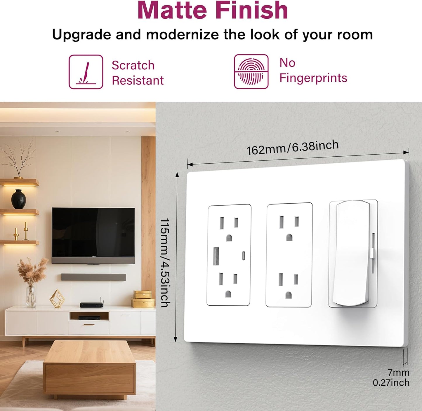 EMITEVER 3-Gang Screwless Decorator Wall Plate Cover for Receptacle Outlet & Light Switch, Standard Size 4.53"H x 6.38"W, Unbreakable Thermoplastic Faceplate, UL Listed, Matte White 5-Pack