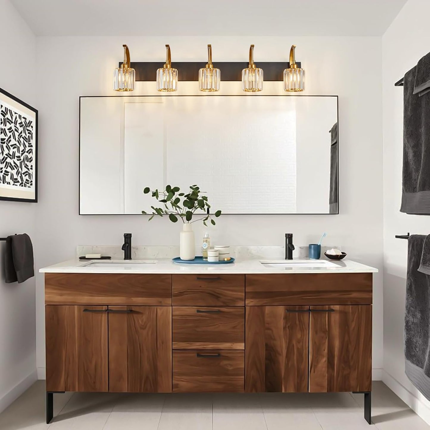 5-Light Crystal Vanity Light, Modern Black Gold Bathroom Wall Sconce with K9 Crystal Shades, 42.51" Long Over Mirror Lighting for Vanity, Makeup, Hallway, Elegant & Easy Installation