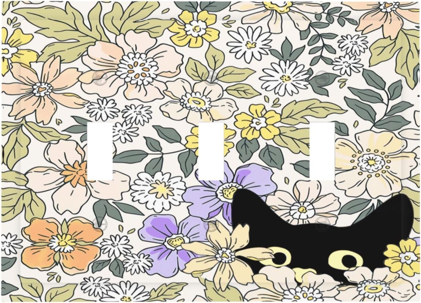Decorative Light Switch Plate Covers Cute Black Cat in a Flower Patch Botanical Garden 3 Gang Artistic Wall Plate Unique Triple Toggle Light Switch Covers for Bedroom Home Decor