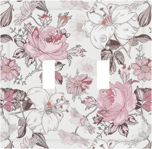 Decorative Switch Plates Modern Watercolor Flower Pink White Wildflower 2 Gang Double Toggle Wall Plate Outlet Light Switch Cover Electrical Faceplate for Bedroom Home Decor