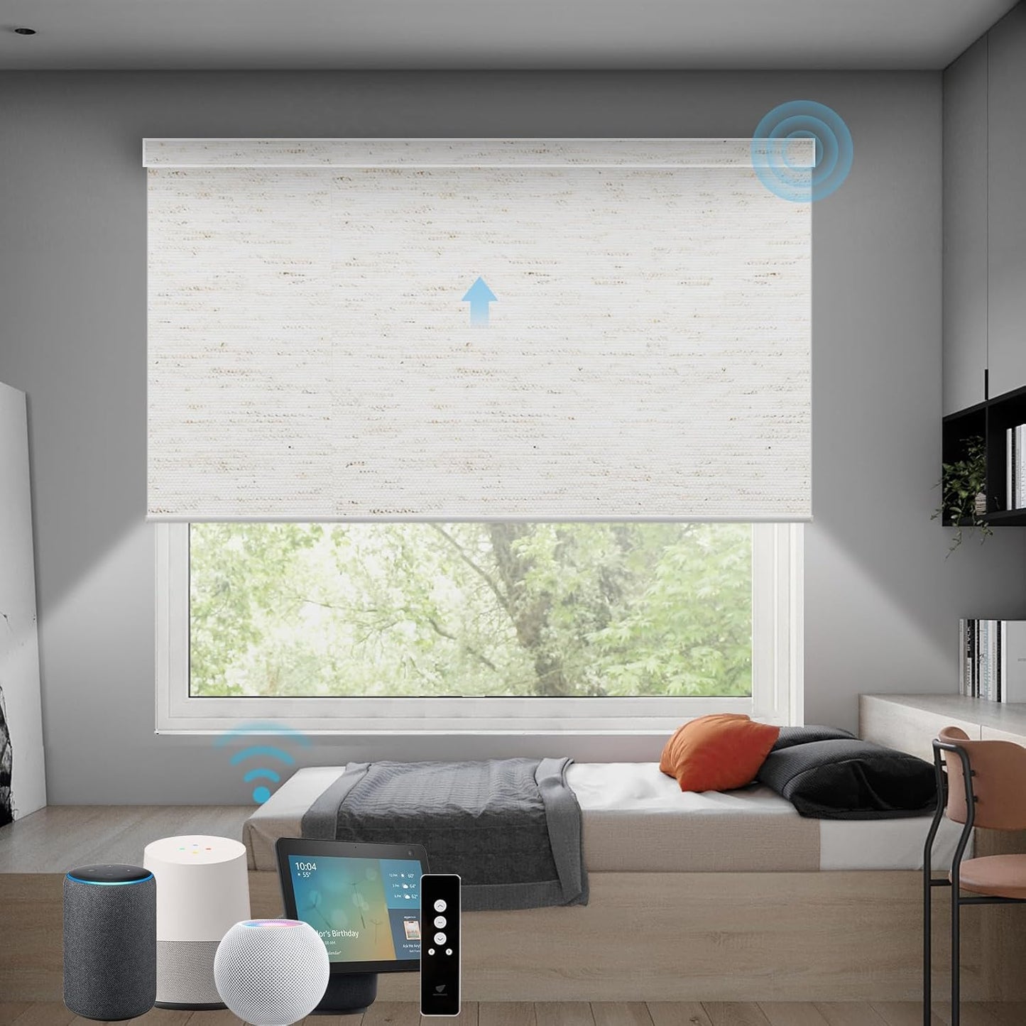 SmartWings Motorized Roller Shades Work with Homekit, 100% Blackout Smart Blinds for Windows, Cordless Remote Control Window Shades, Linen White, Customized Size