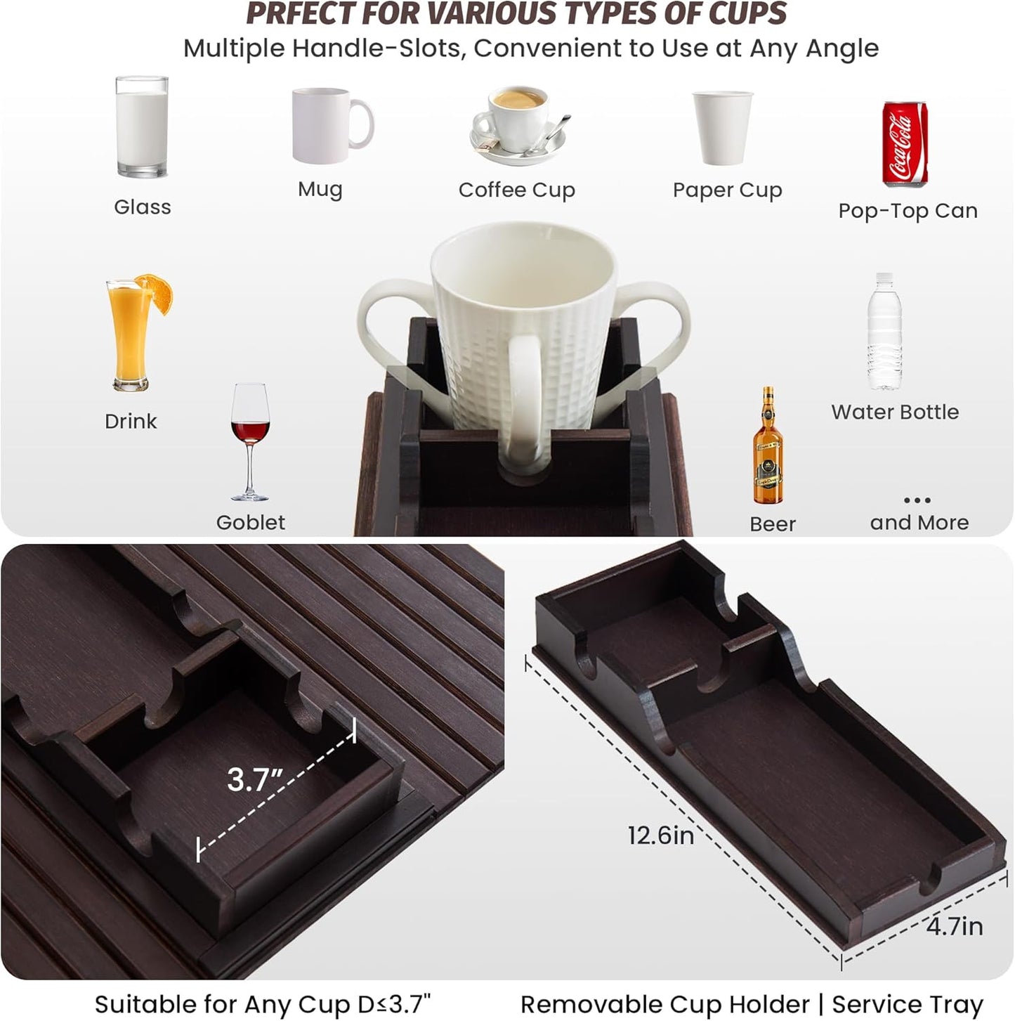 GEHE Detachable Couch Cup Holder, Anti Falling Sofa Arm Tray, Natural Bamboo Sofa Cup Holder More Safe for You Family, Portable Couch Arm Tray Armrest Table for Remote, Snacks, Phone, Drinks