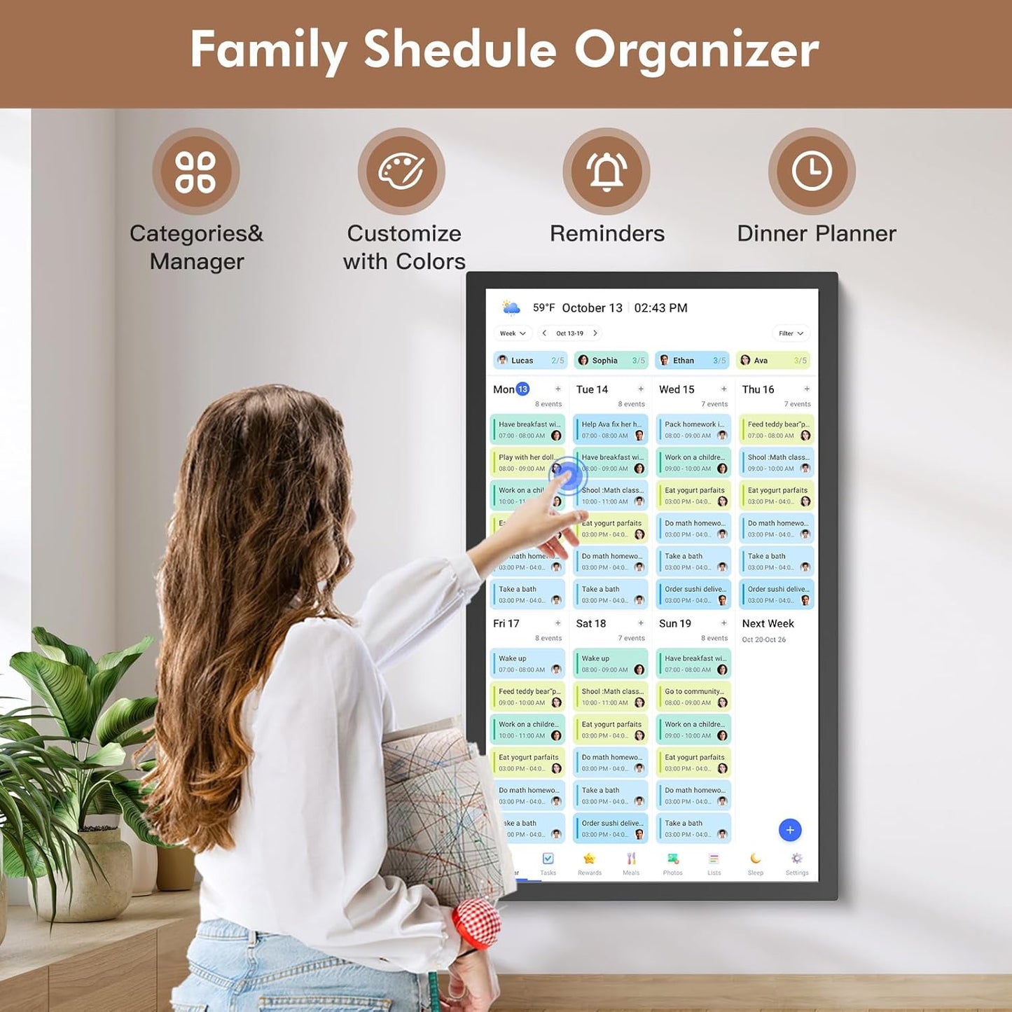 Digital Calendar Smart Chore Chart-for-Business-Schedules - 24" Wall Mounted Interactive Touchscreen Electronic Calendar, Auto-Sync Google iCloud Outlook Calendars for Family Household Organization