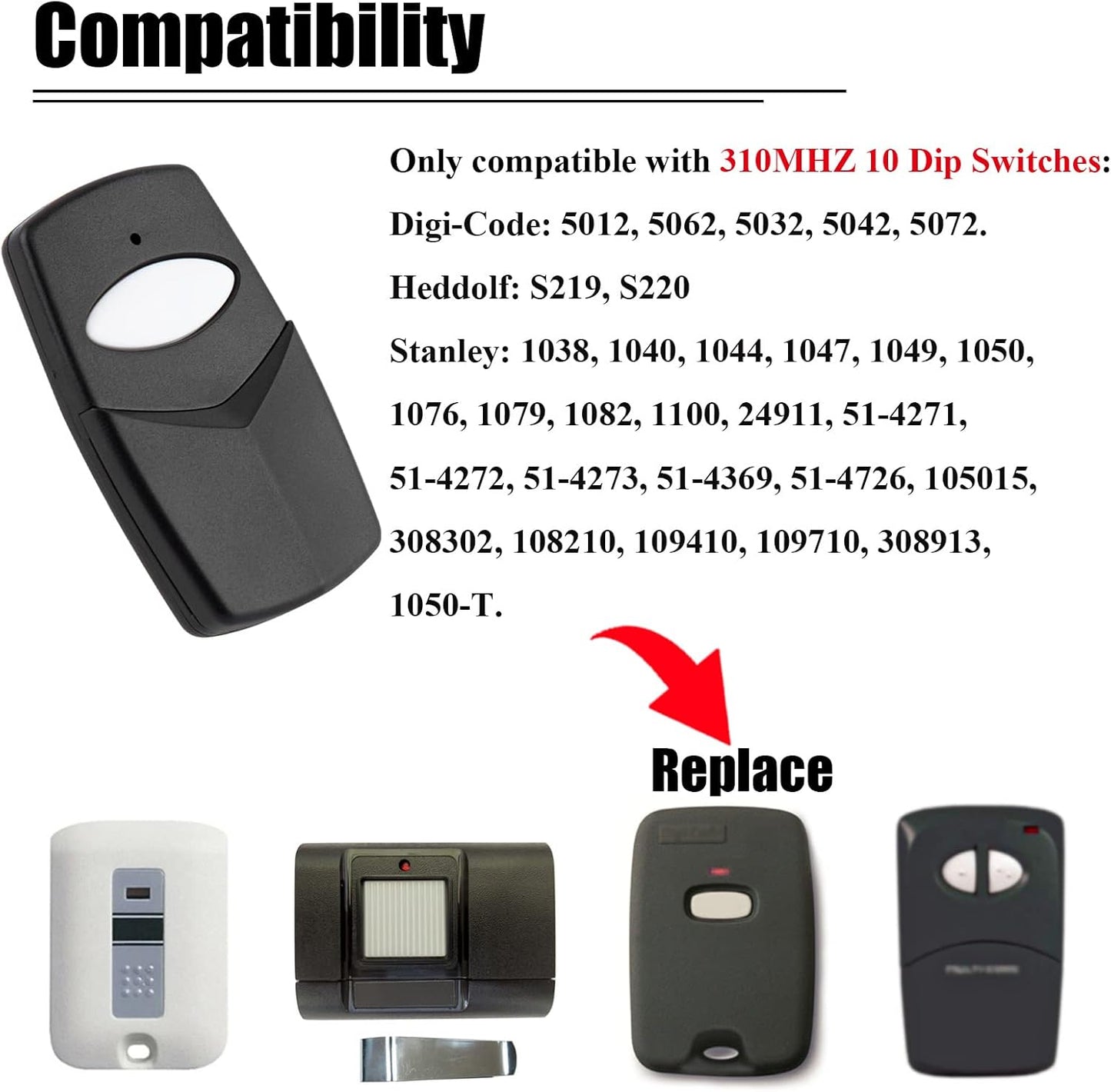 2 Pack for Stanley Remote Control - 10 Dip Switch 310Mhz 1050|1082|105015|109410 Compatible with Digi-Code 5012|5062|5032|5042|5072, Heddolf S219|S220 Garage Door Opener Transmitter