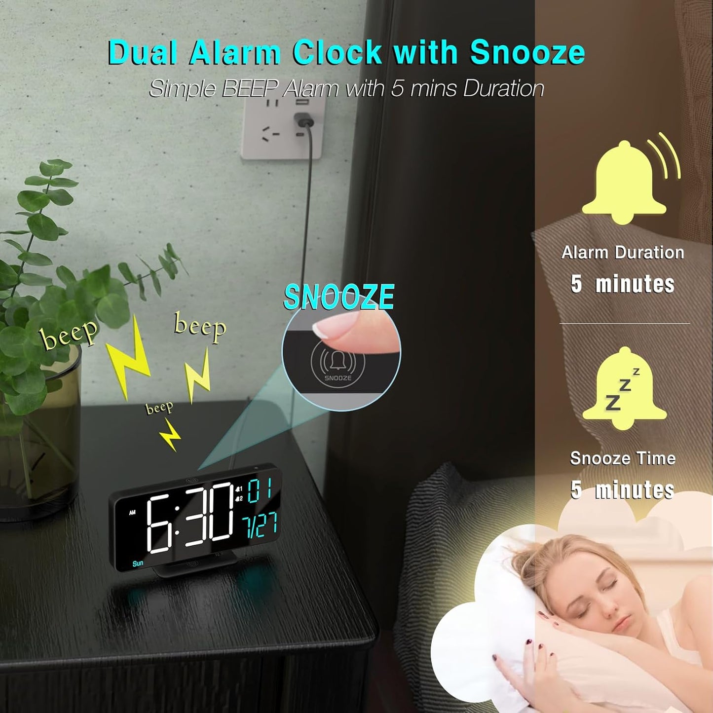 KOSUMOSU Digital Clock for Bedroom 6.7in Small Digital Alarm Clock Black, Dimming,12/24h,Date,Day of Week, Indoor Temperature,Desk Clocks for Classroom, LED Clocks for Living Room, Digital Calendar