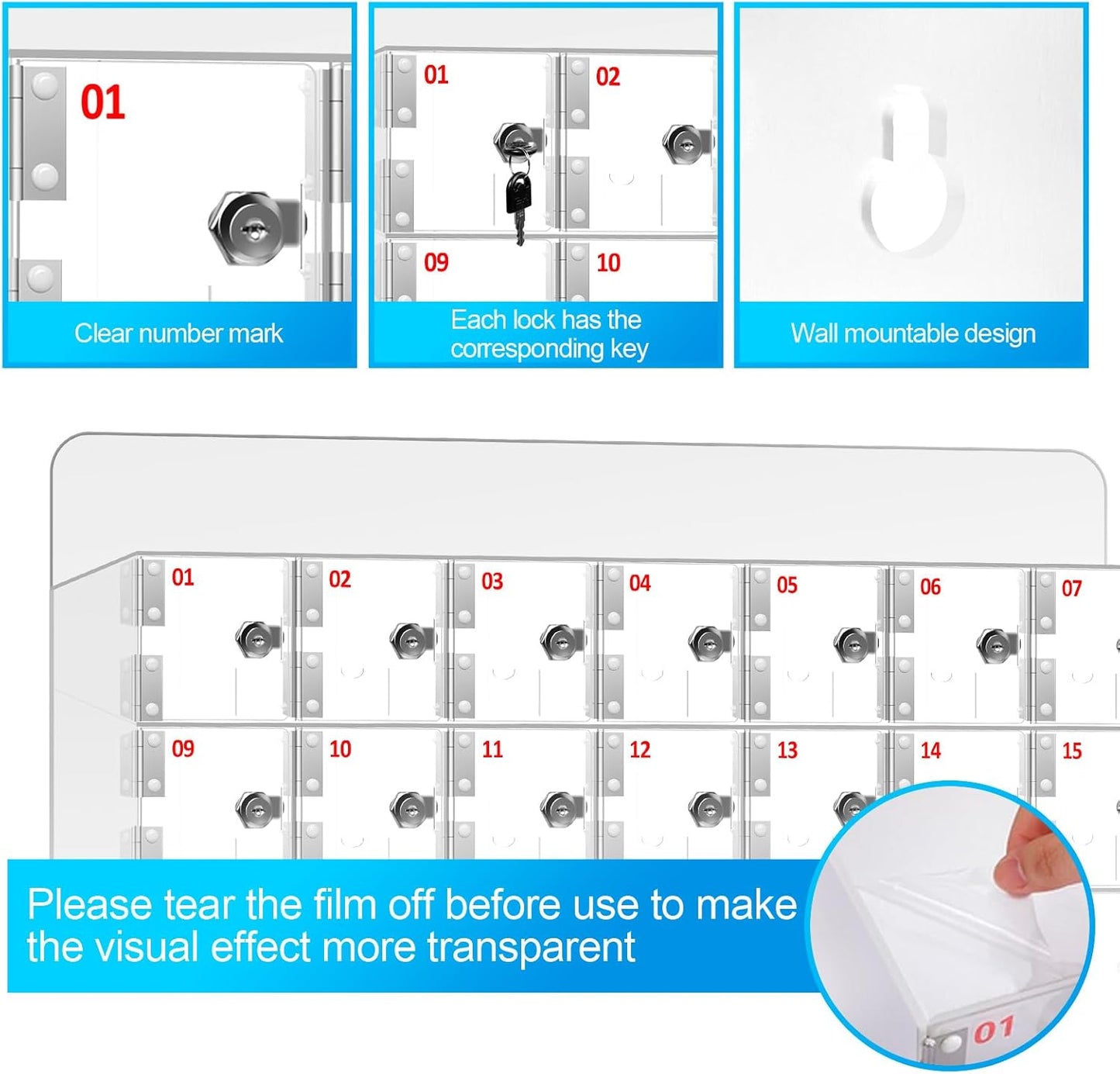 40 Slots Clear Acrylic Cell Phone Locker Box Wall-Mounted with Keys, Lockable Secure Storage Cabinet for Classroom Office Gym, Multi-Use Phone Lock Organizer for Employees Students (Large)
