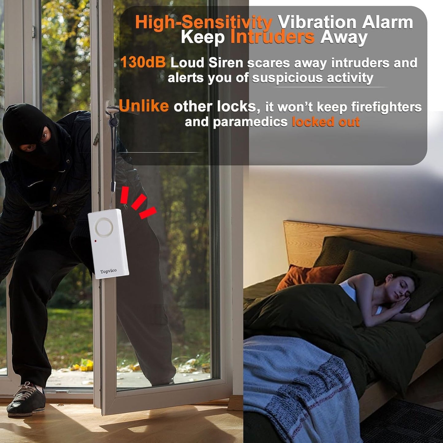 Topvico Door Handle Alarm Vibration Triggered, Hotel Travel Portable Door Alarm, 130dB Wireless Home Security for Kids, Elderly, Dementia, Remote Controller for Sensitivity Volume Adjust, 2 Pack