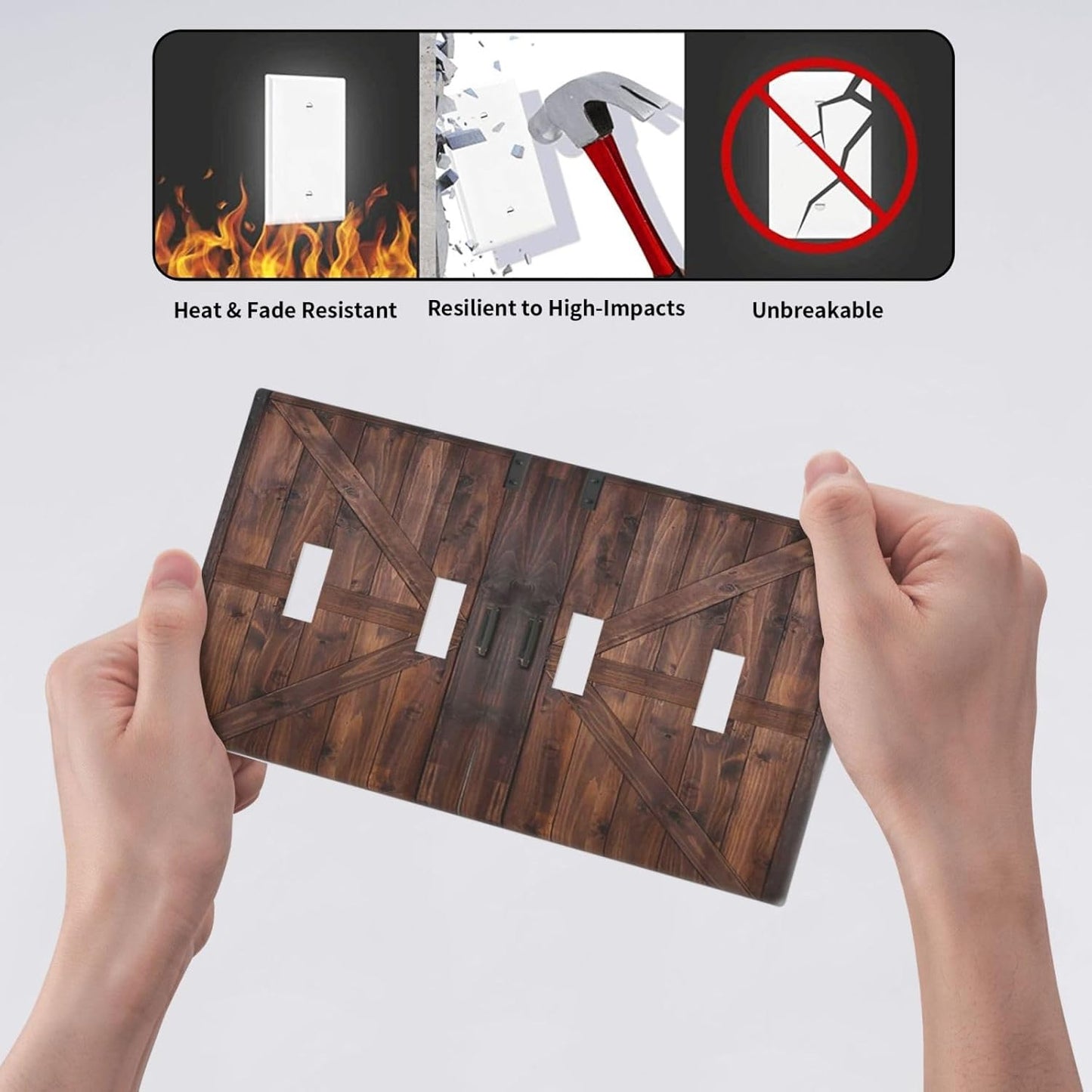 Decorative Light Switch Cover Plate Vintage Brown Farmhouse Barn Door 4 Gang Wall Plates for Electrical Outlets Quad Toggle Switch Plate Covers Outlet Covers Faceplate for Bedroom Home Decor