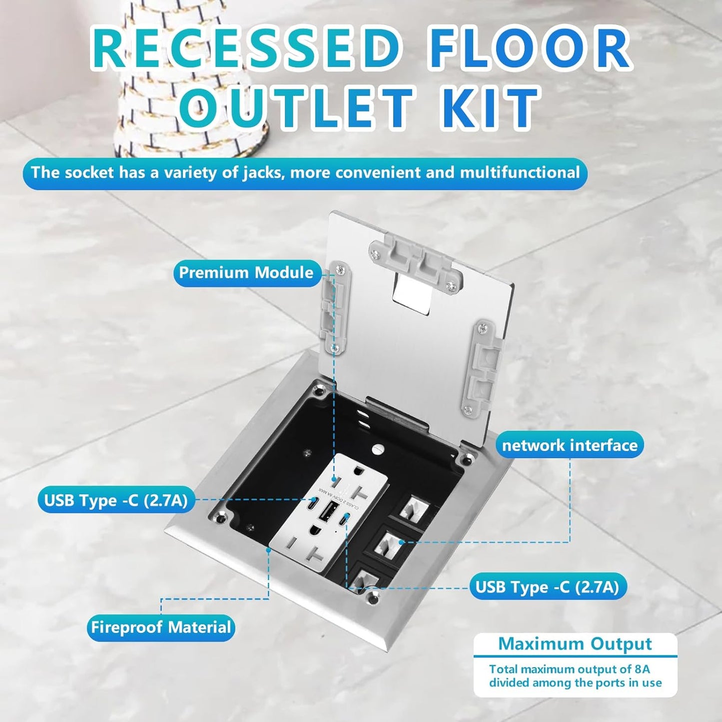 KYHSHJ Recessed Flat Hidden Socket Kit with 2 * 20A Receptacle，8A 1 USB-A Ports &2 USB-C Port+3-Port RJ45 Datacom Receptacle. Internal Height Adjustable，Corrosive Resistant Hardware (Silver)