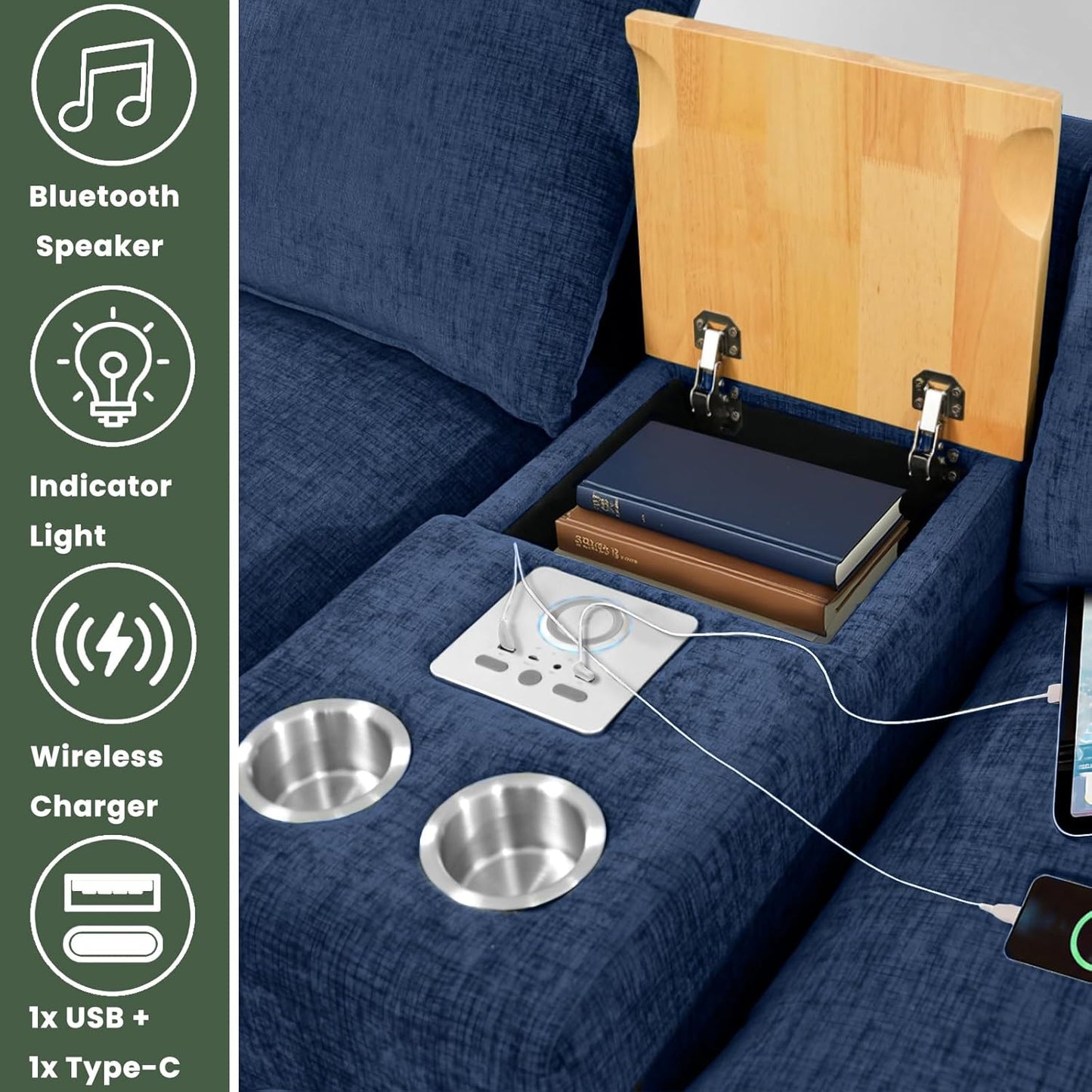 Brelice Modular Sofa Console with Wireless Charging & Bluetooth Speaker - All-in-One Armrest Organizer with Wired Charging, Storage Tray, Volume Control for Sectional Couch, Living Room